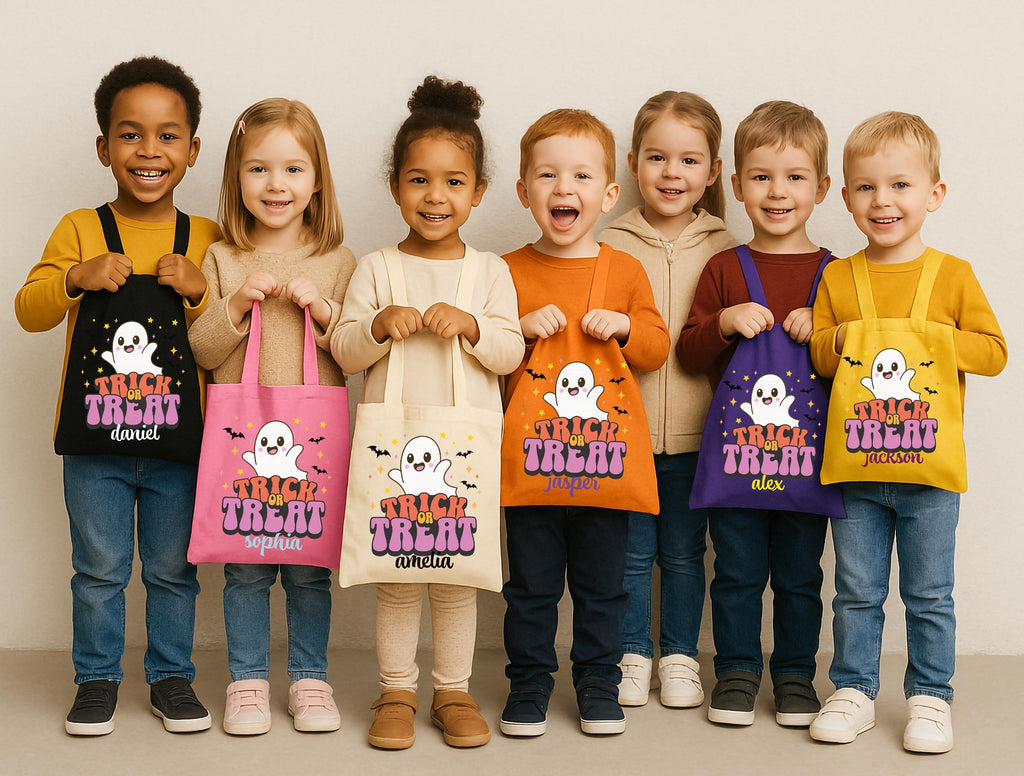 Personalized Halloween Tote Bag,Kids Halloween Basket, Custom Kids Halloween Tote Bag, Trick or Treat Bags, Cute Ghost Halloween Candy Bag