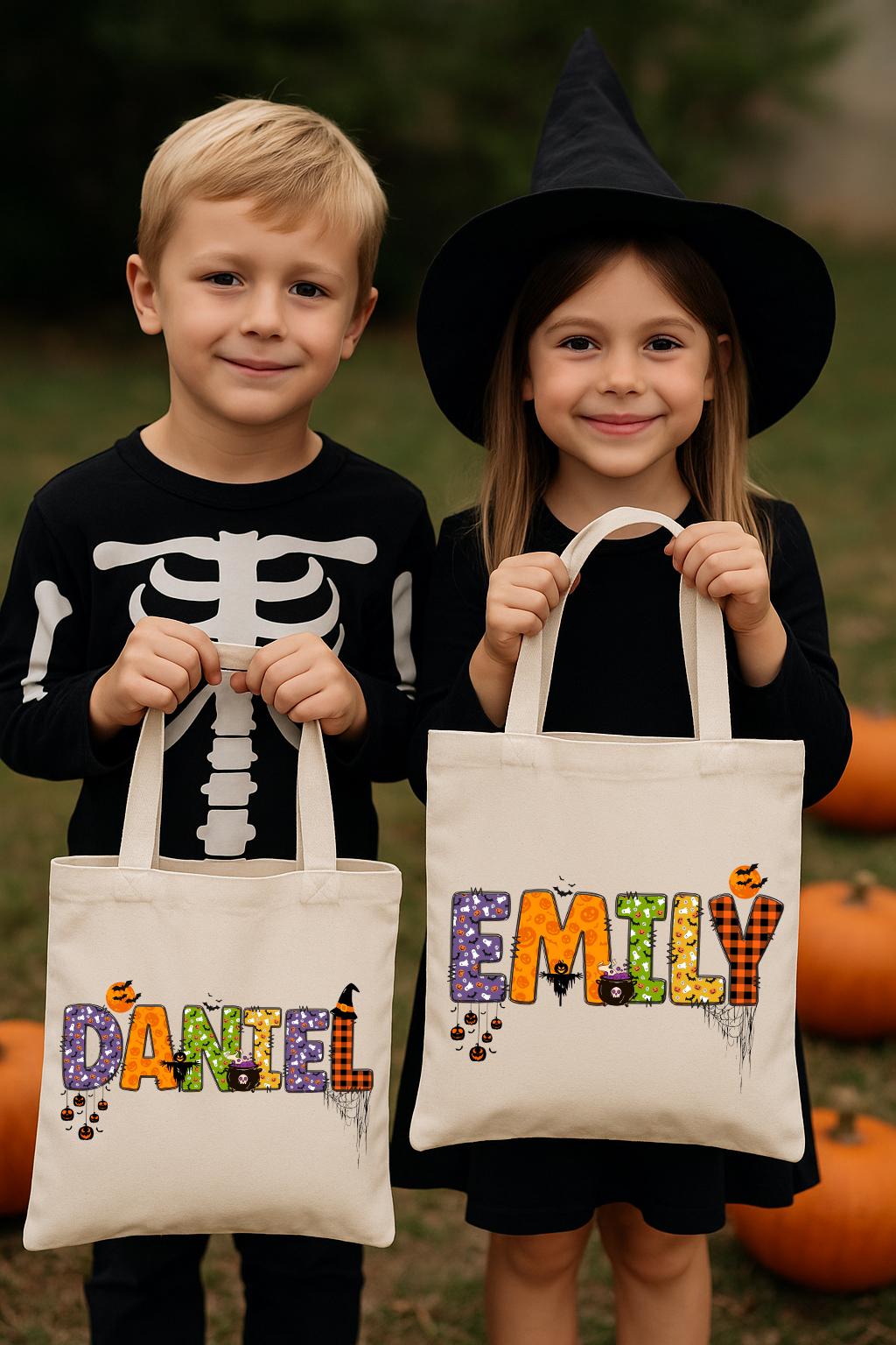 Custom Name Halloween Tote Bag, Trick Or Treat Tote Bag,Customized Pumpkin Witch ScarecrowTote Bag, Spooky Custom Shopping Cotton Tote Bag
