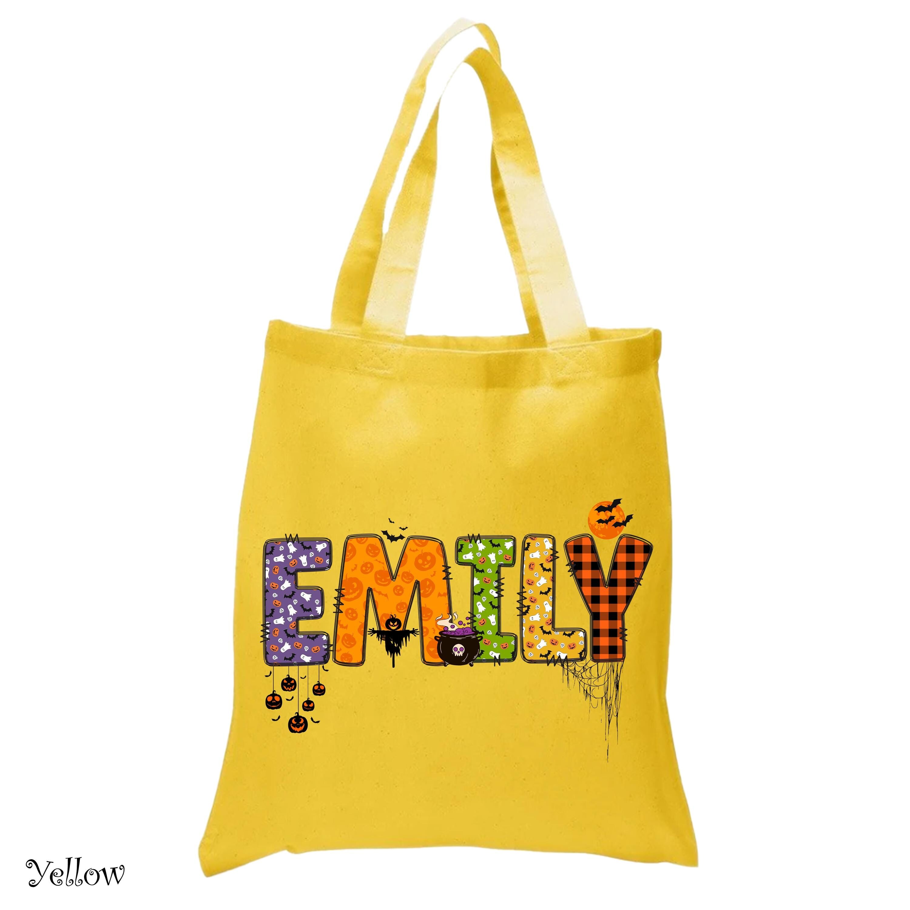 Custom Name Halloween Tote Bag, Trick Or Treat Tote Bag,Customized Pumpkin Witch ScarecrowTote Bag, Spooky Custom Shopping Cotton Tote Bag