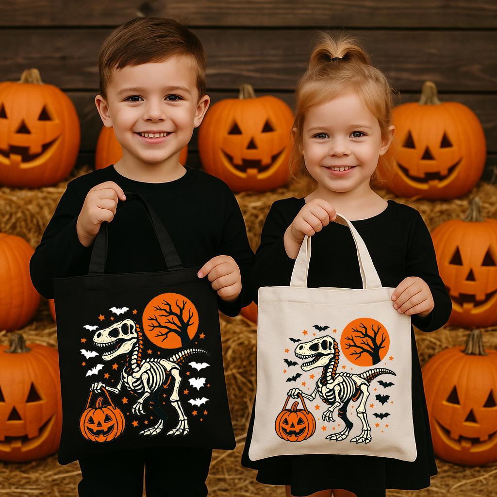 Funny Halloween Dinosaur Trick or Treat Bag, Cute Spooky T-Rex Trick or Treat Handbag, Halloween Bag for Kids, Dino Tote, Tote for Kids