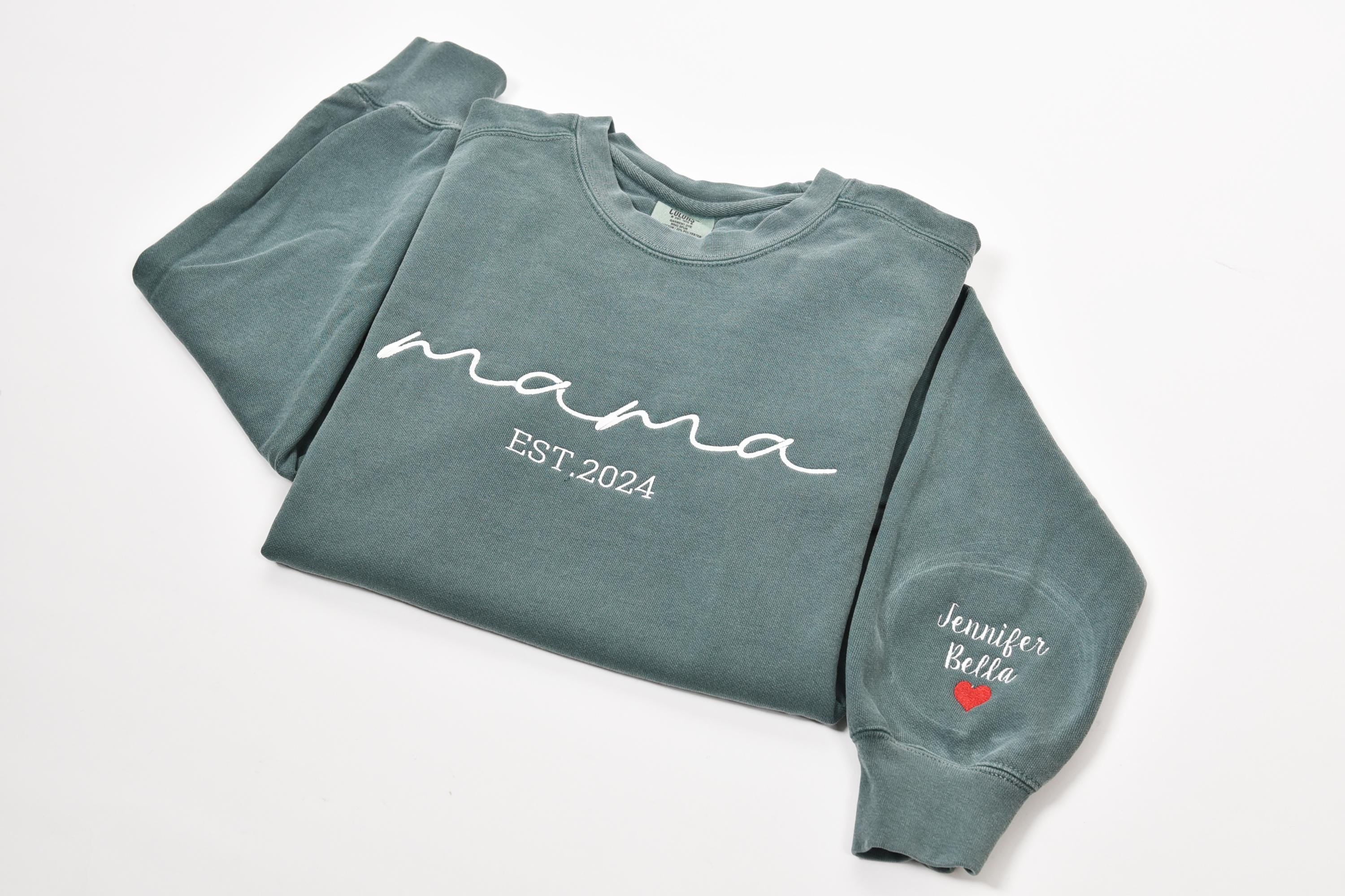 Custom Mama Embroidered Sweatshirt, Custom Embroidered on Sleeve with Heart, Personalized Kids Name Sleeve Print Shirt, Mothers Day Gift