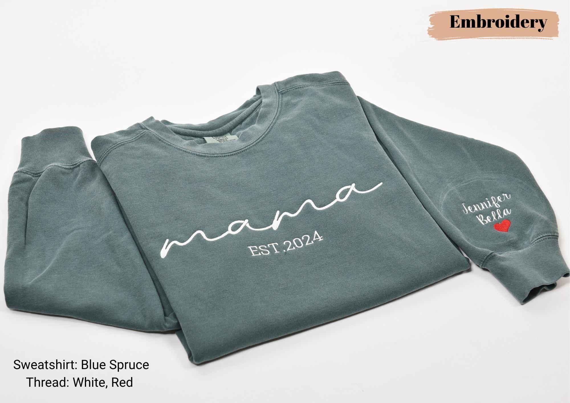 Custom Mama Embroidered Sweatshirt, Custom Embroidered on Sleeve with Heart, Personalized Kids Name Sleeve Print Shirt, Mothers Day Gift