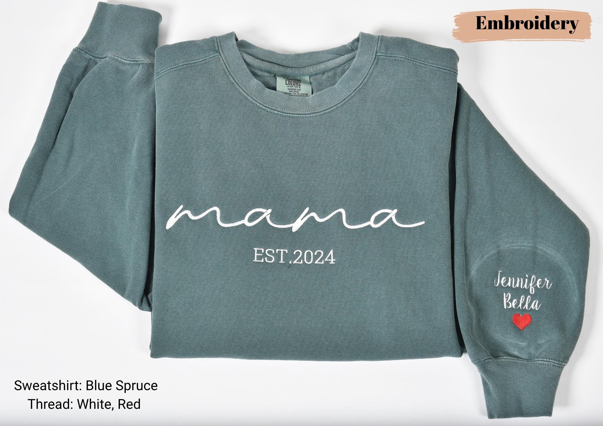 Custom Mama Embroidered Sweatshirt, Custom Embroidered on Sleeve with Heart, Personalized Kids Name Sleeve Print Shirt, Mothers Day Gift