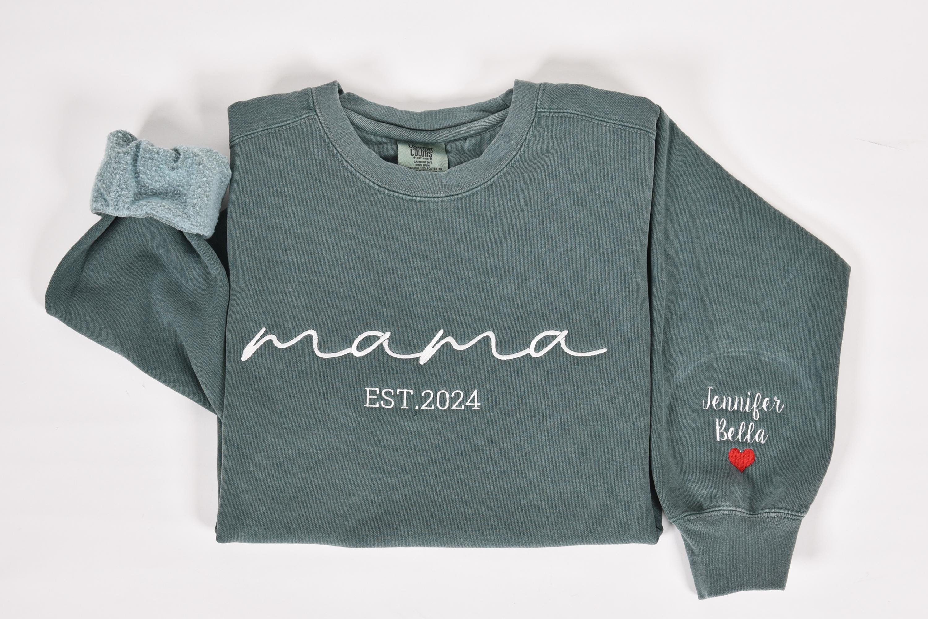 Custom Mama Embroidered Sweatshirt, Custom Embroidered on Sleeve with Heart, Personalized Kids Name Sleeve Print Shirt, Mothers Day Gift