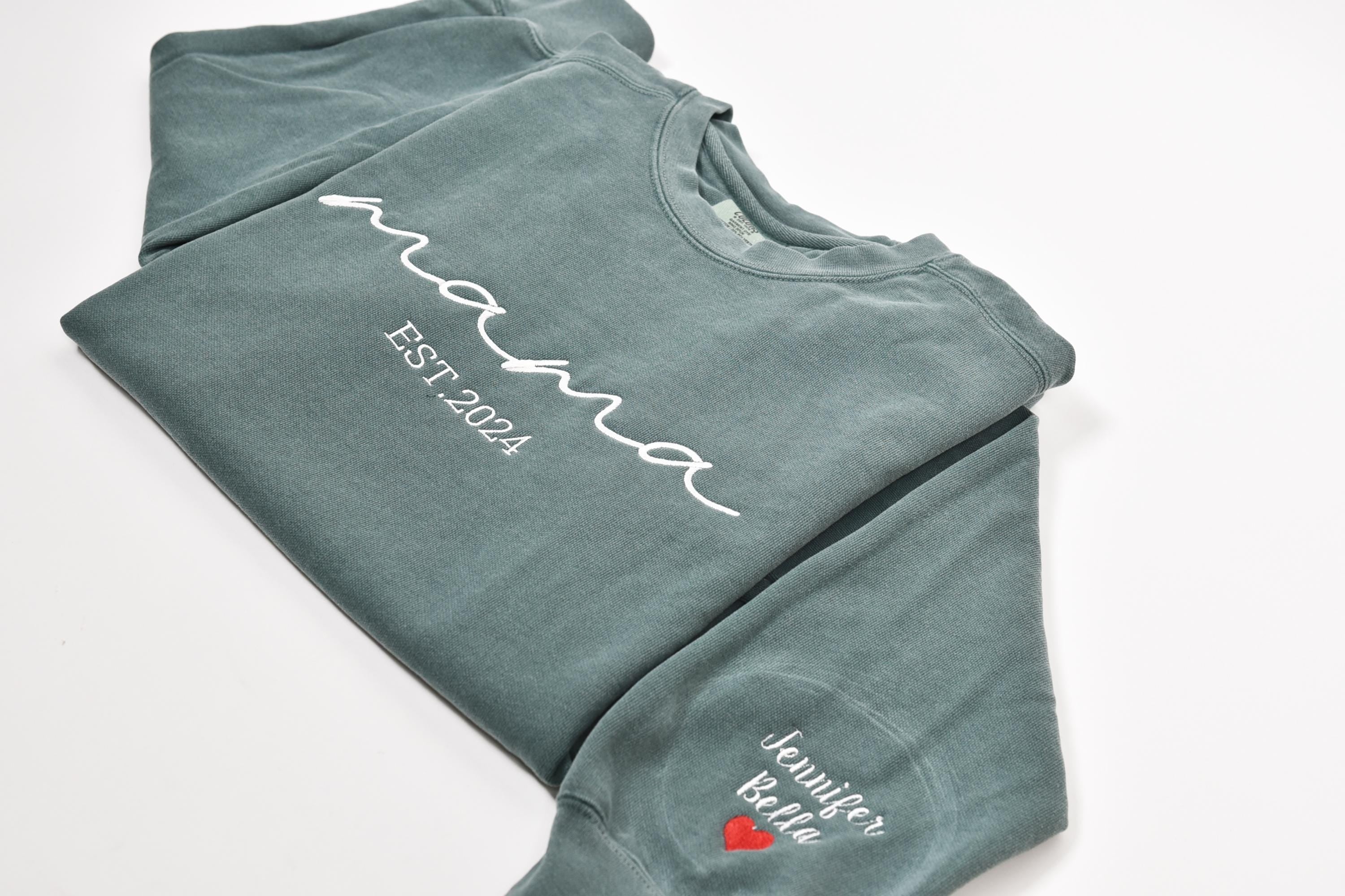 Custom Mama Embroidered Sweatshirt, Custom Embroidered on Sleeve with Heart, Personalized Kids Name Sleeve Print Shirt, Mothers Day Gift