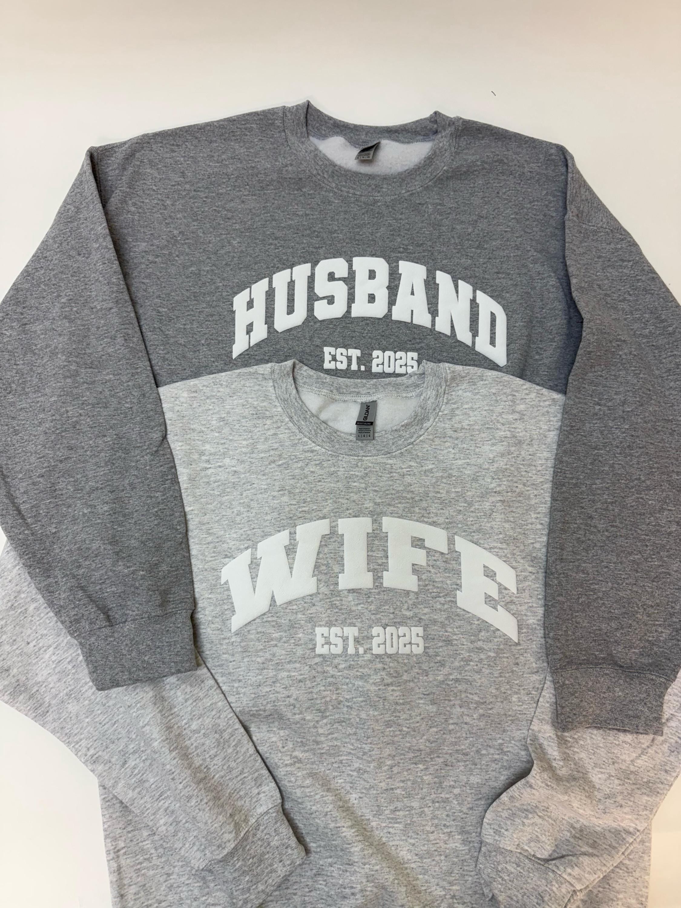 Custom Embossed Husband Est Sweatshirt, Embossed Wife Sweatshirt, Custom Newlywed Gifts, New Wife Puff Printing Sweatshirt, Gift for Bride