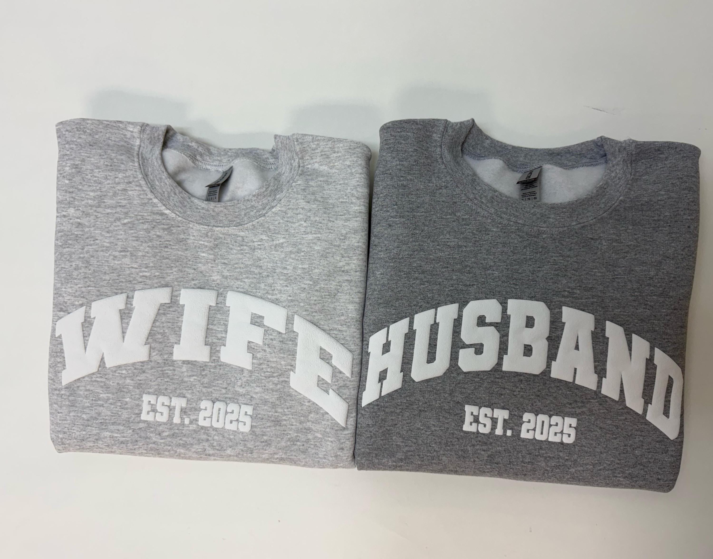 Custom Embossed Husband Est Sweatshirt, Embossed Wife Sweatshirt, Custom Newlywed Gifts, New Wife Puff Printing Sweatshirt, Gift for Bride