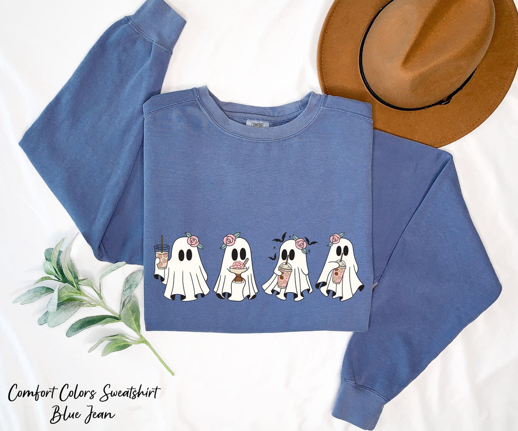 Coffee Lover Ghost Sweatshirt, Cute Spooky Coffee Tee,Spooky Fall Crewneck Sweatshirt,Little Ghost Ice Coffee Sweatshirt,Coffee Lover Gift