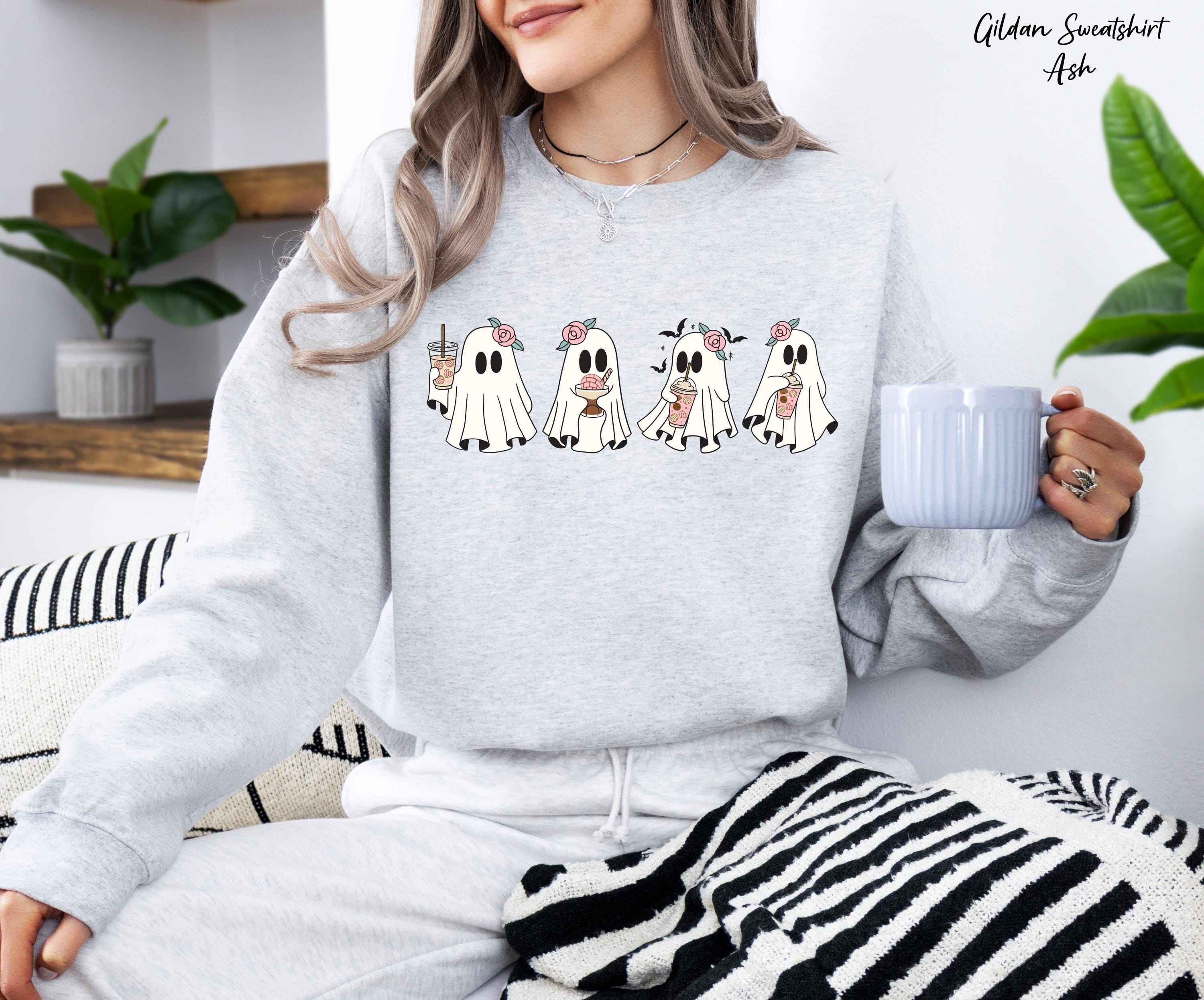Coffee Lover Ghost Sweatshirt, Cute Spooky Coffee Tee,Spooky Fall Crewneck Sweatshirt,Little Ghost Ice Coffee Sweatshirt,Coffee Lover Gift