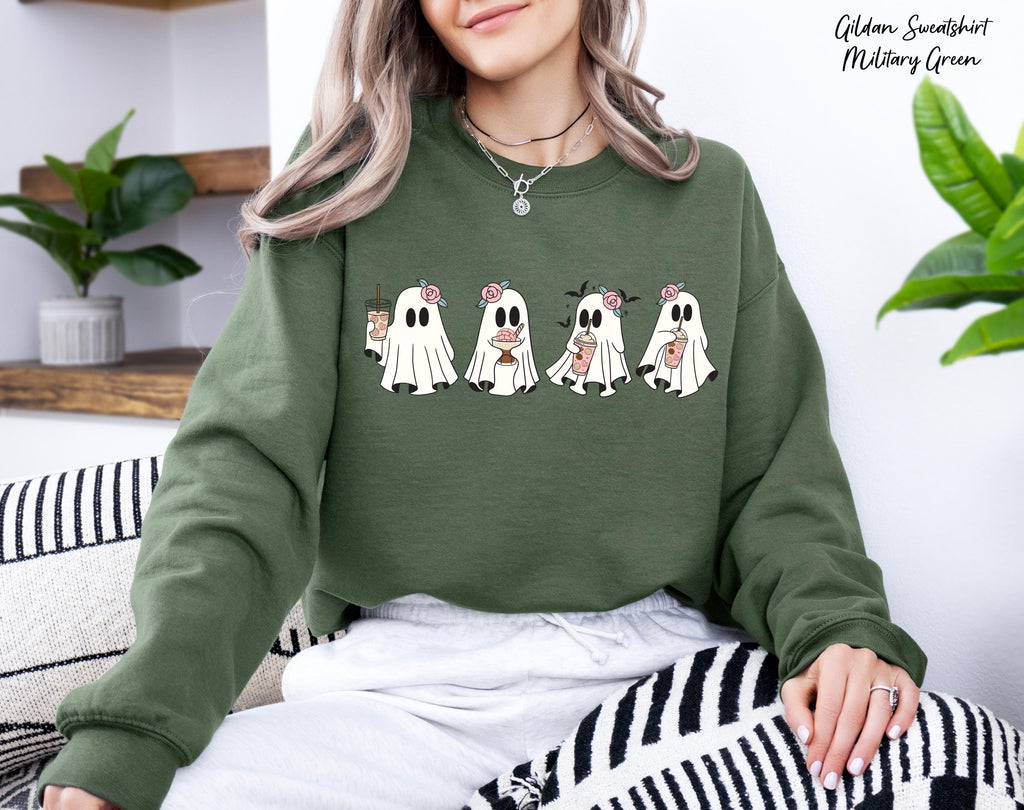 Coffee Lover Ghost Sweatshirt, Cute Spooky Coffee Tee,Spooky Fall Crewneck Sweatshirt,Little Ghost Ice Coffee Sweatshirt,Coffee Lover Gift