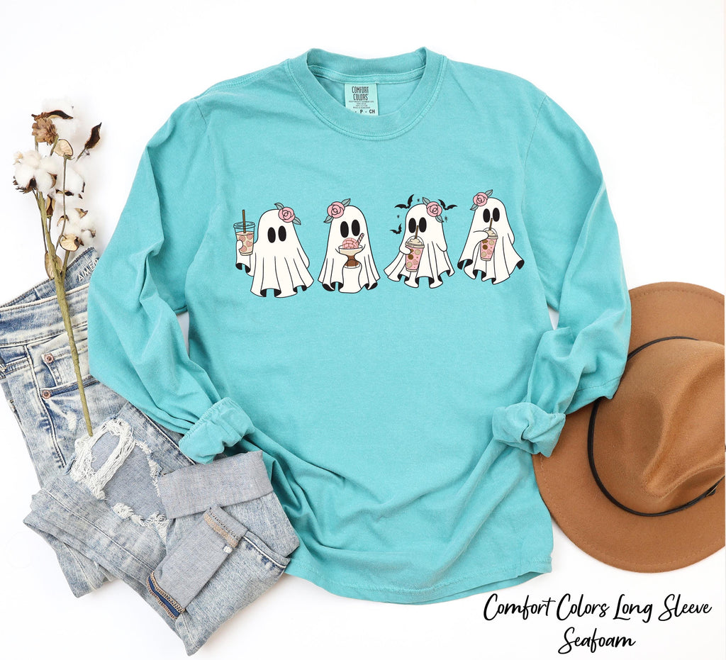 Coffee Lover Ghost Sweatshirt, Cute Spooky Coffee Tee,Spooky Fall Crewneck Sweatshirt,Little Ghost Ice Coffee Sweatshirt,Coffee Lover Gift