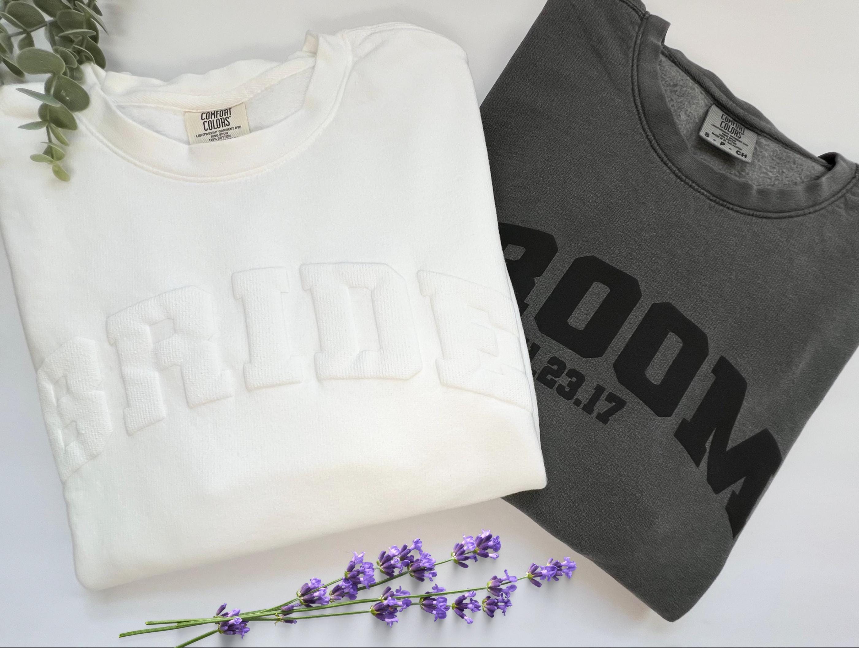 Custom Embossed Bride Groom  Sweatshirt, Matching Puff Print Sweatshirt, Bachelor Party Gift, Wedding Anniversary Outfit, Honeymoon Sweater