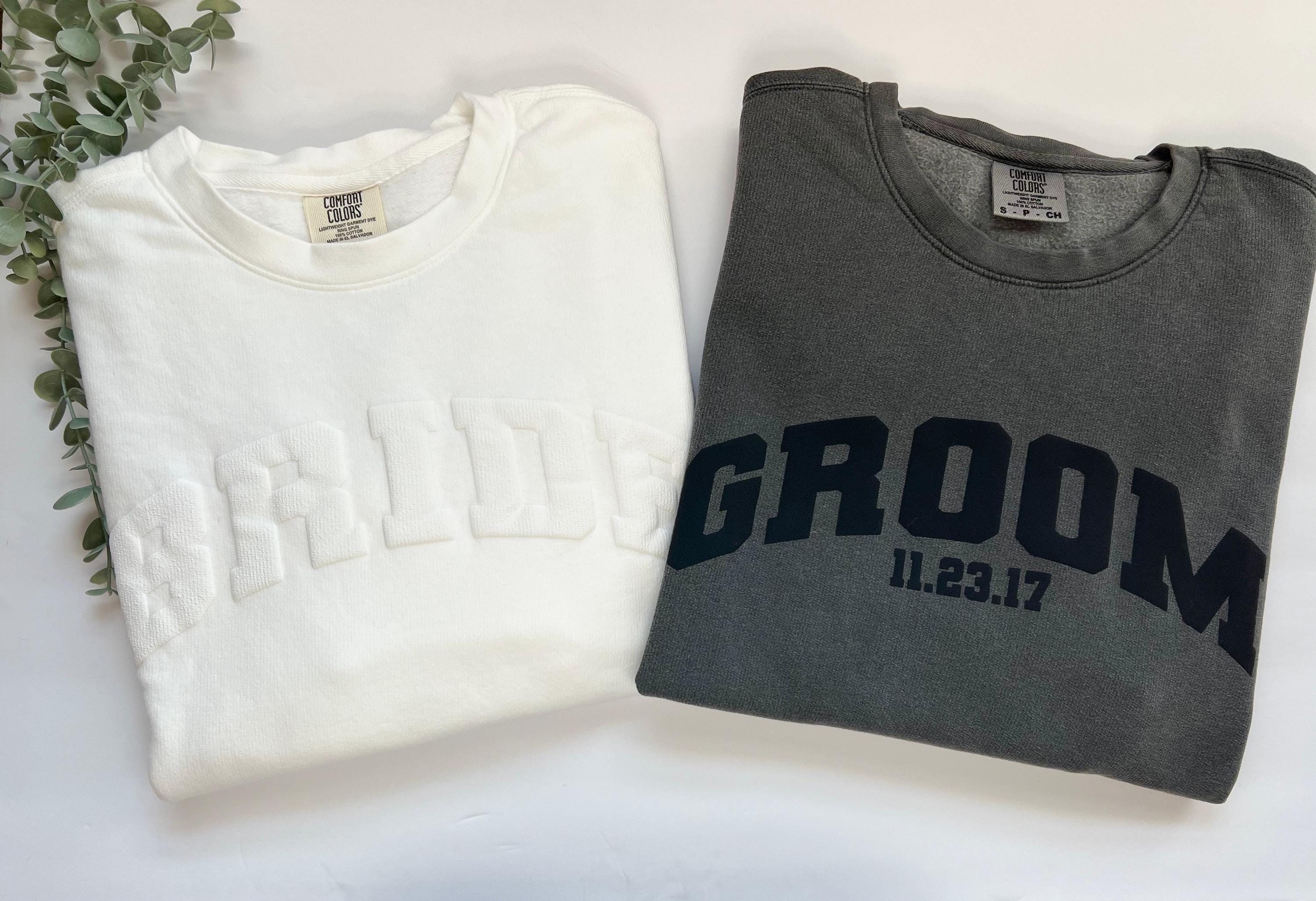 Custom Embossed Bride Groom  Sweatshirt, Matching Puff Print Sweatshirt, Bachelor Party Gift, Wedding Anniversary Outfit, Honeymoon Sweater