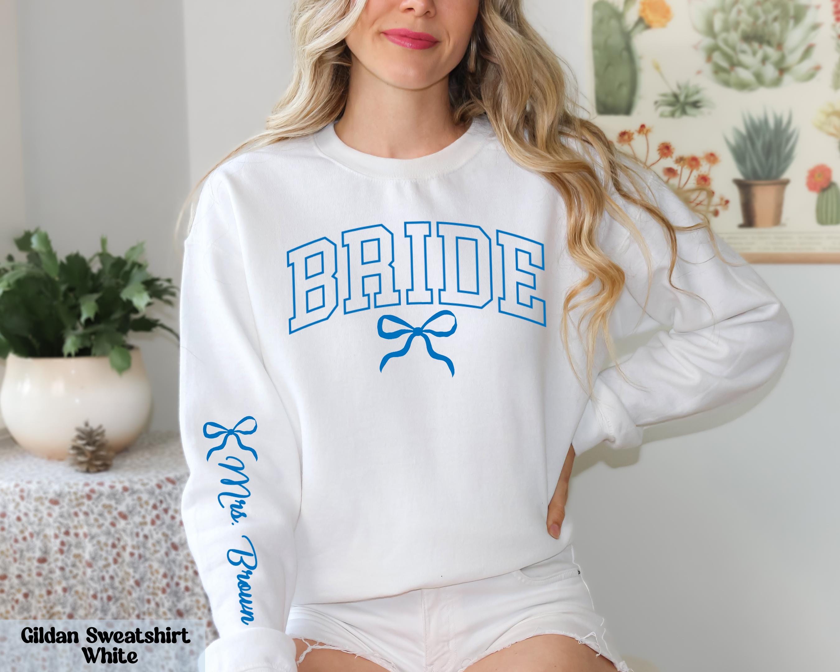 Personalized Bride Sweatshirt, Mrs. Last Name on Sleeve, Bride Sweater, Custom Bow Bride Sweathirt, Wedding Engagement Gift, Bridal Outfit