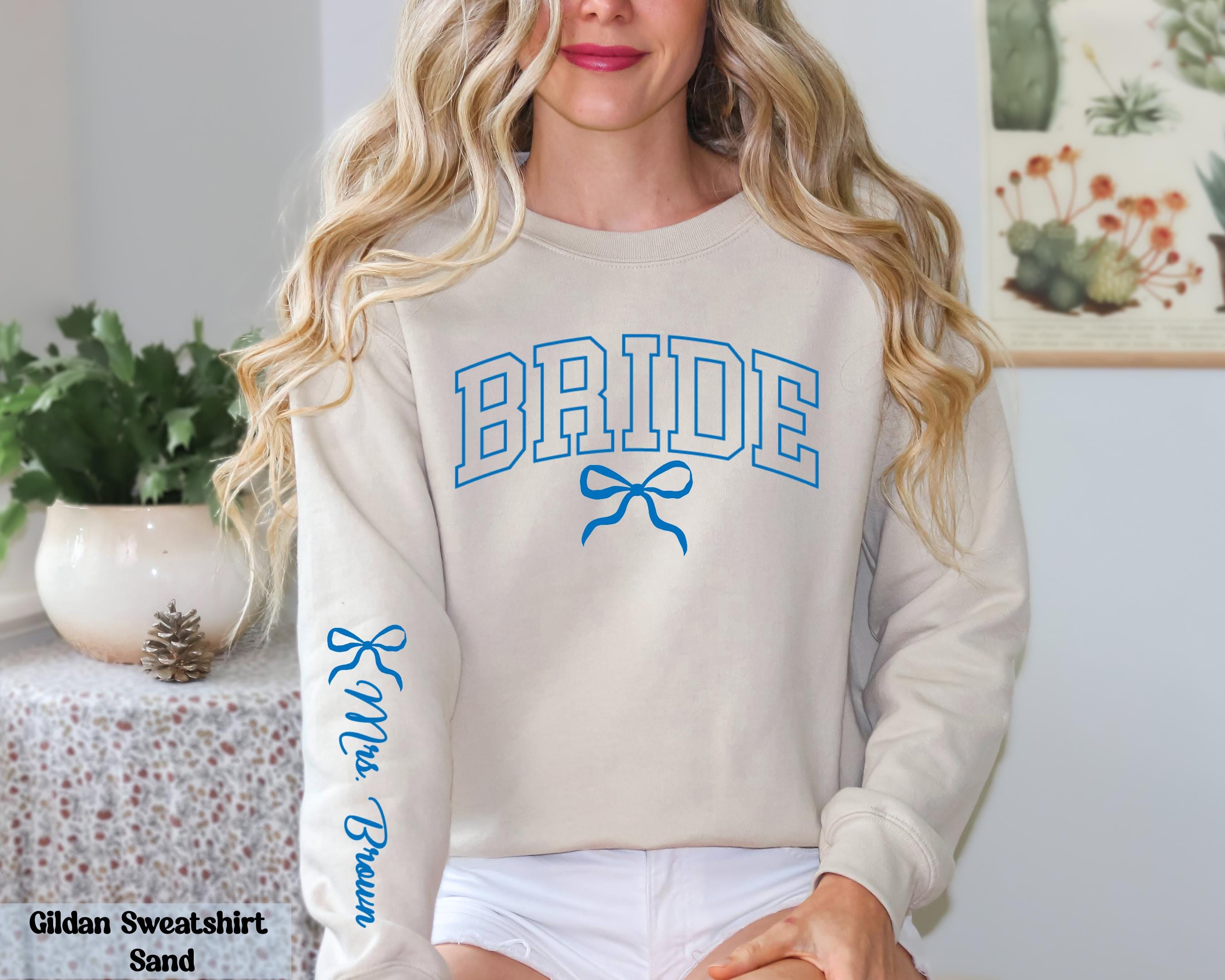 Personalized Bride Sweatshirt, Mrs. Last Name on Sleeve, Bride Sweater, Custom Bow Bride Sweathirt, Wedding Engagement Gift, Bridal Outfit