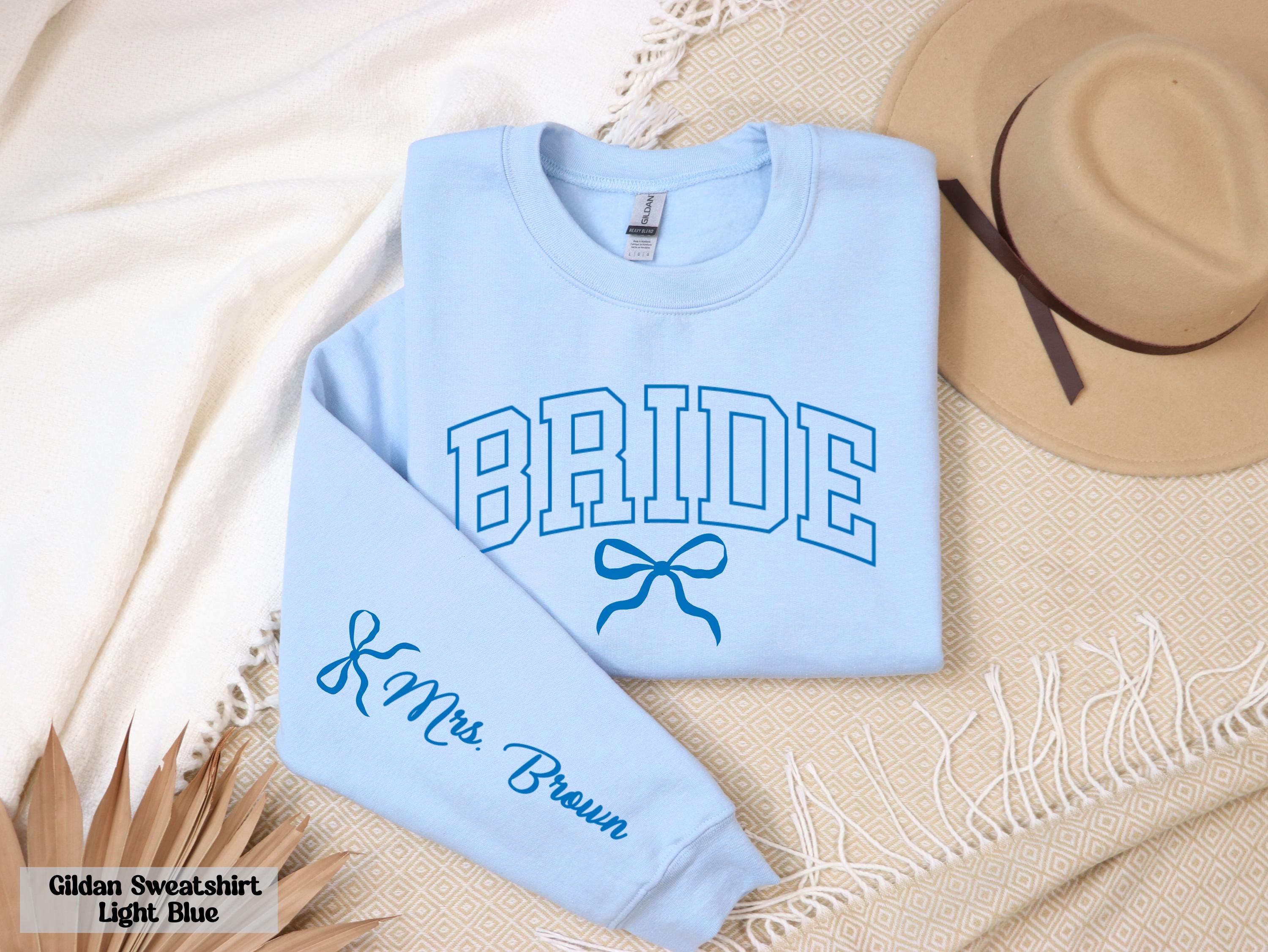Personalized Bride Sweatshirt, Mrs. Last Name on Sleeve, Bride Sweater, Custom Bow Bride Sweathirt, Wedding Engagement Gift, Bridal Outfit