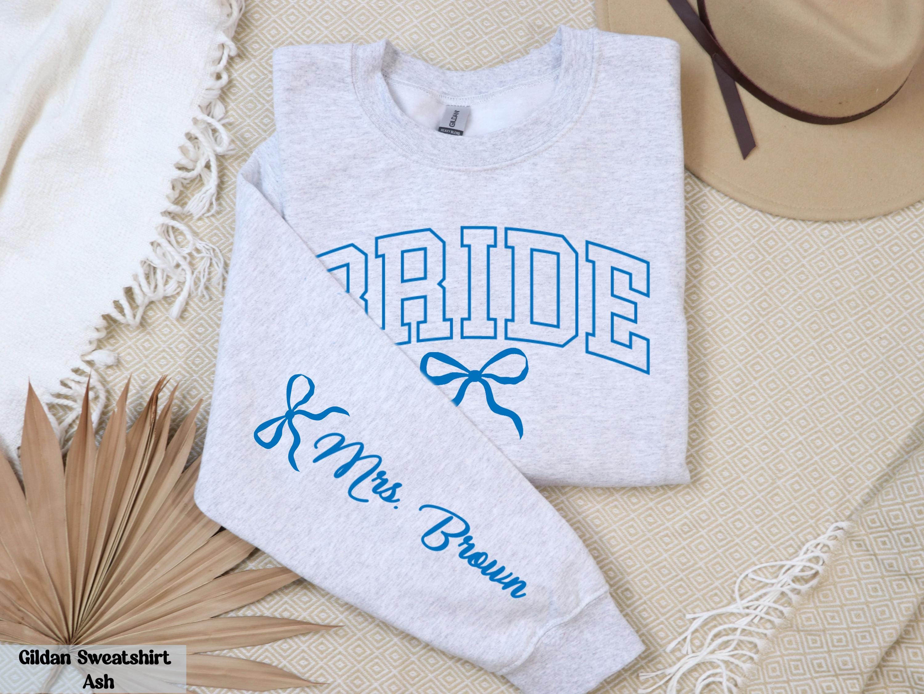 Personalized Bride Sweatshirt, Mrs. Last Name on Sleeve, Bride Sweater, Custom Bow Bride Sweathirt, Wedding Engagement Gift, Bridal Outfit