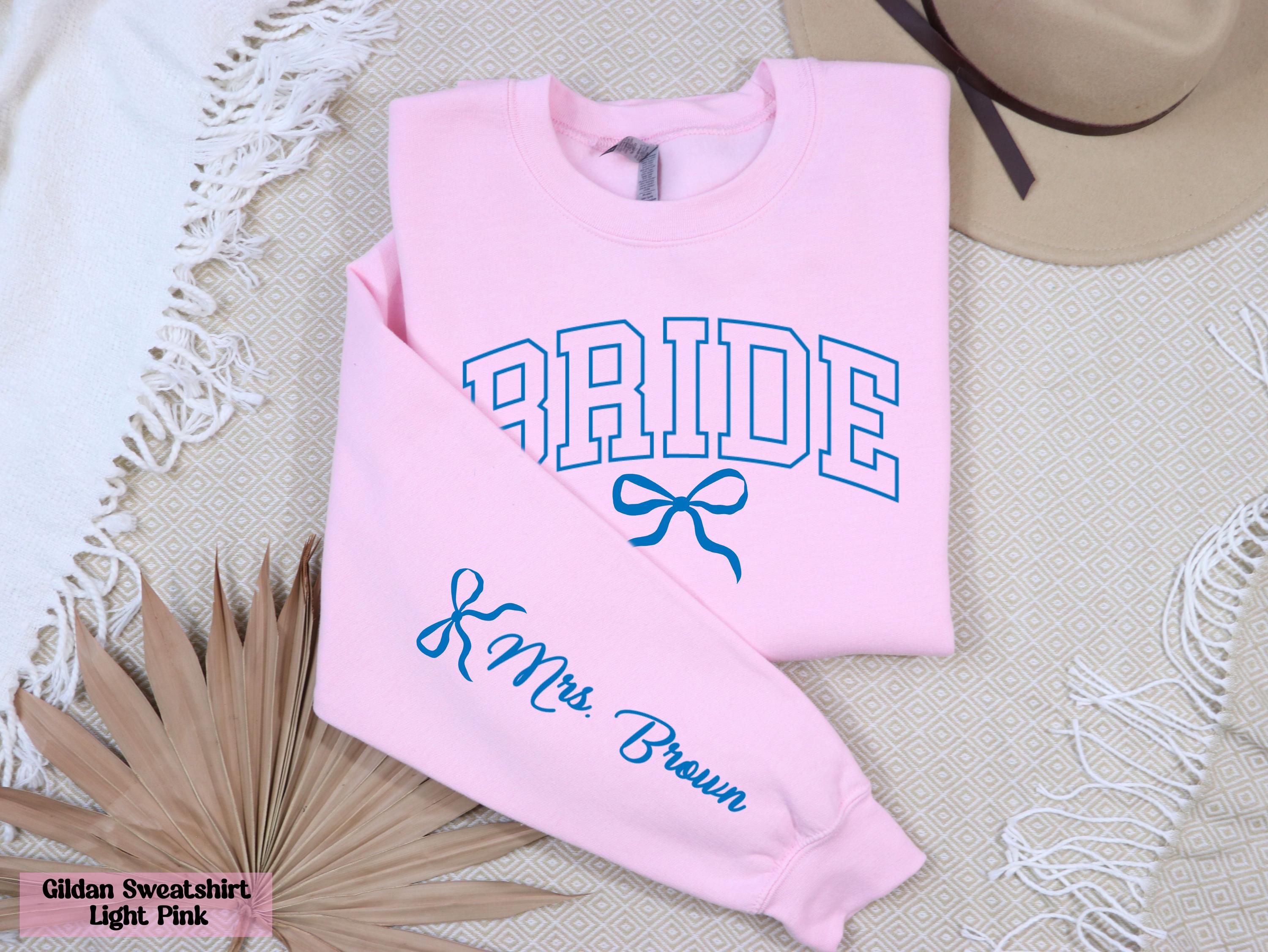 Personalized Bride Sweatshirt, Mrs. Last Name on Sleeve, Bride Sweater, Custom Bow Bride Sweathirt, Wedding Engagement Gift, Bridal Outfit