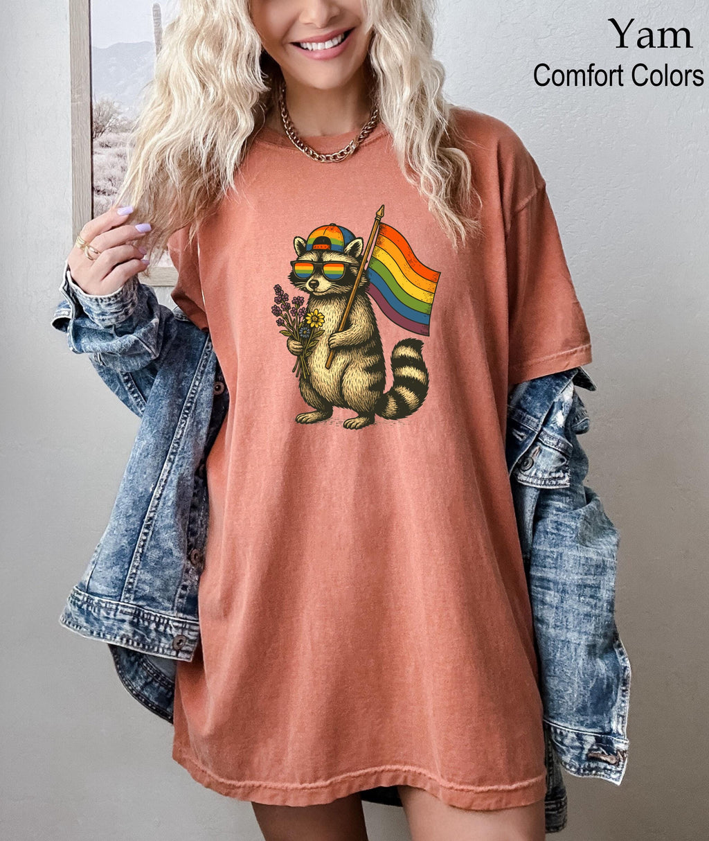 Raccoon Pride Flag Shirt, Pride Month Shirt, Raccoon Shirt, Rainbow Flag Shirt, Queer Animal Graphic Tee, LGBTQ Party Outfit, LGBTQ Shirt