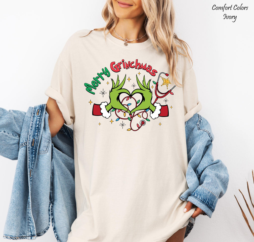 Merry Grinchmas Nurse Shirt, Christmas Nurse T-Shirts, Nurse Gift Shirt,Funny Medical Stethoscope Tee, Christmas Graphic Tee, Holiday Shirt