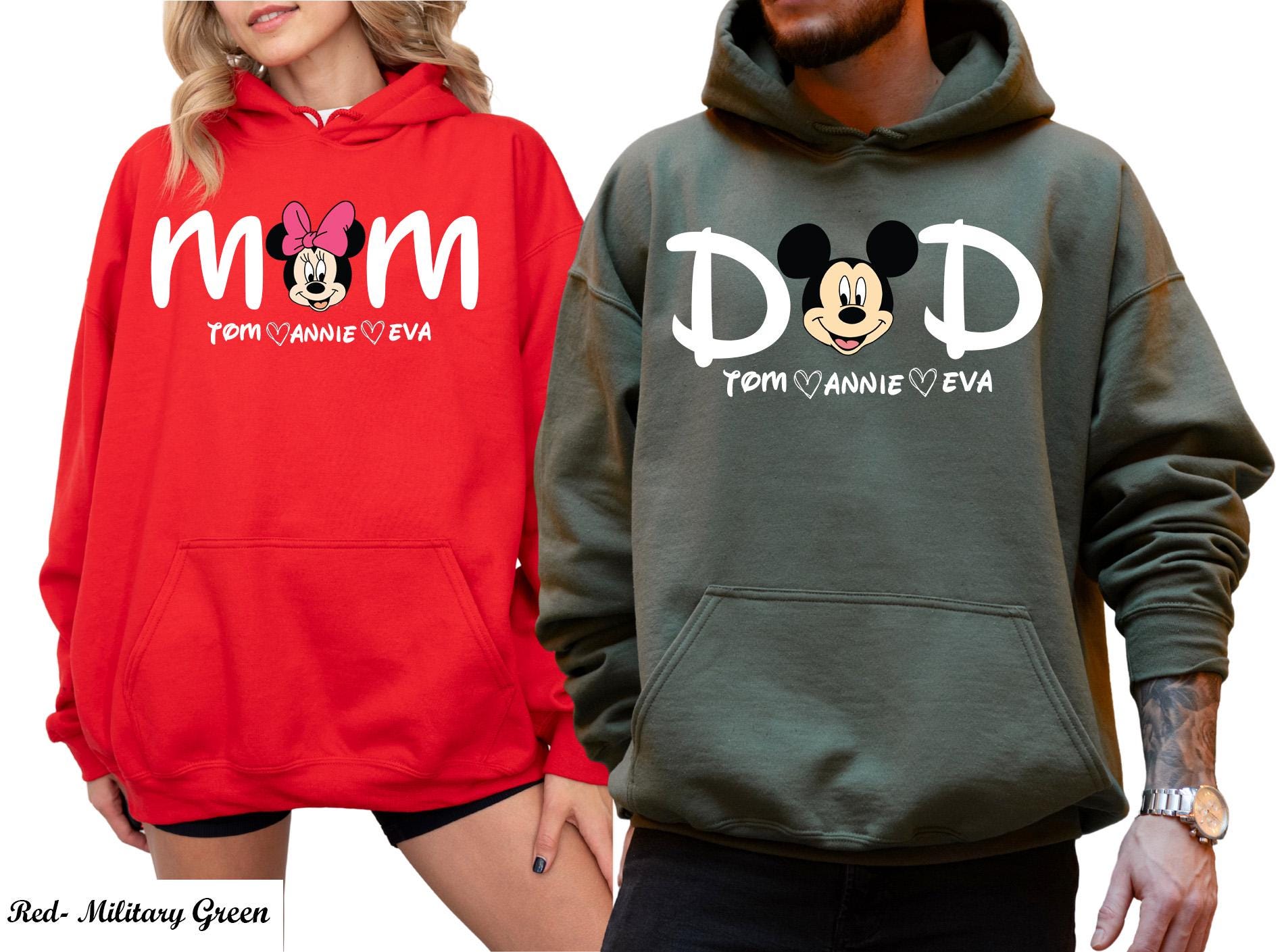 Custom Disney Minnie Mom and Dad Sweatshirt, Family Couple Trip Hoodie, Christmas Dad Mom Shirt with Kids Name,New Mom Dad Sweatshirt