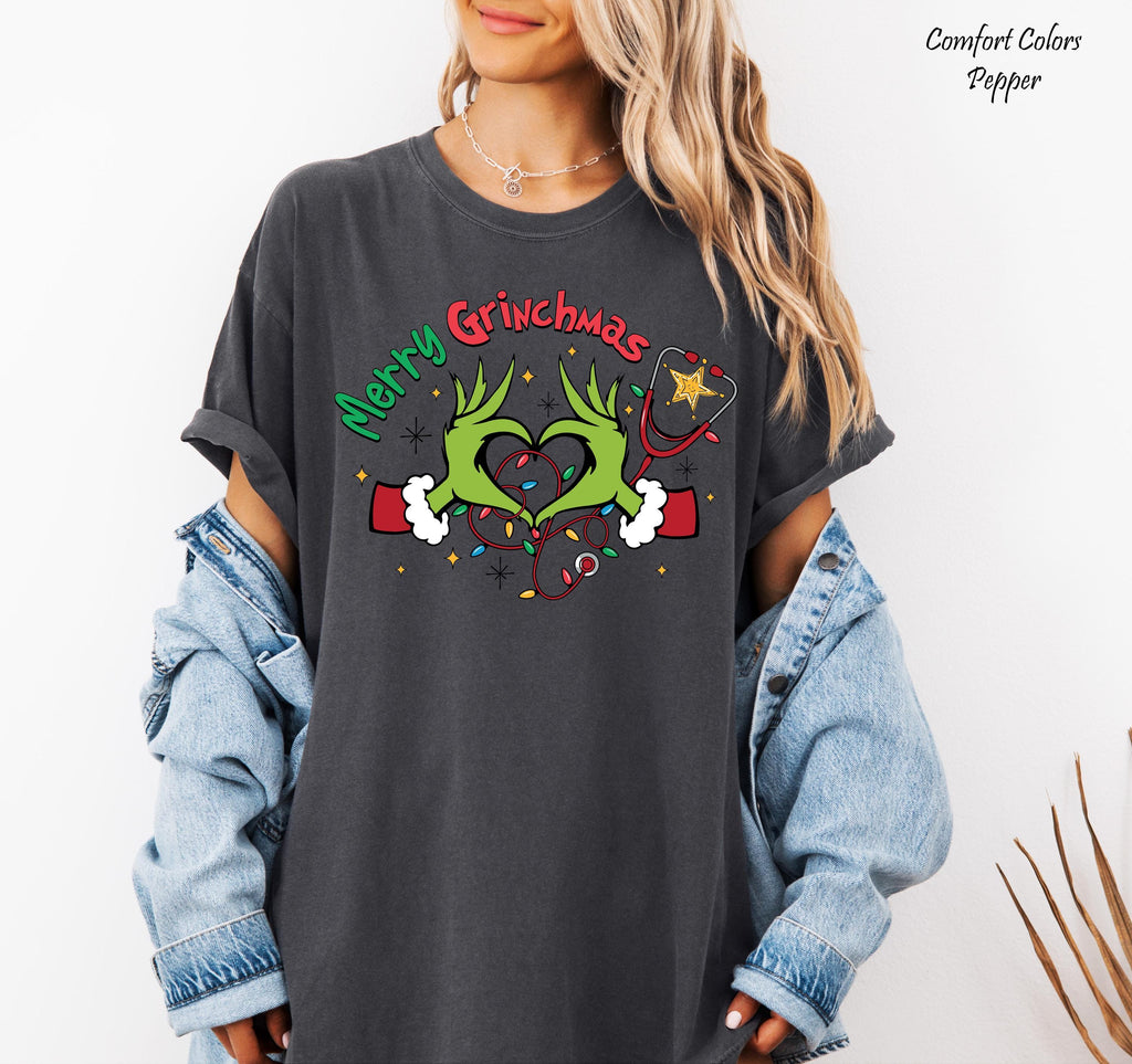 Merry Grinchmas Nurse Shirt, Christmas Nurse T-Shirts, Nurse Gift Shirt,Funny Medical Stethoscope Tee, Christmas Graphic Tee, Holiday Shirt