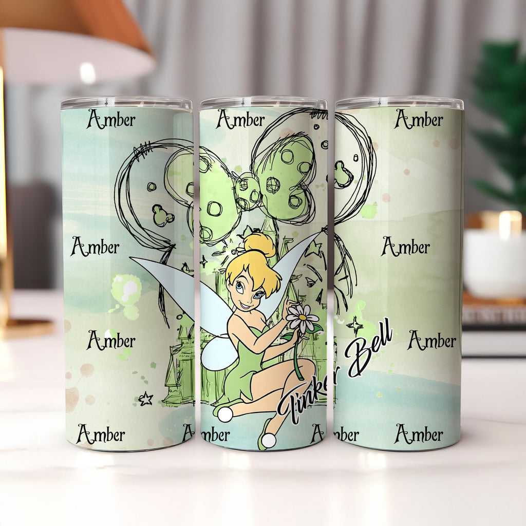 Custom Tinkerbell Princess Tumbler, Cartoon Characters 20oz Skiny Tumbler, Princess Coffee Cup, Magic Kingdom Stainless Steel Tumbler Gift