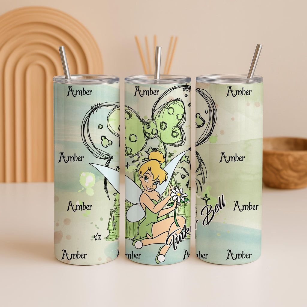 Custom Tinkerbell Princess Tumbler, Cartoon Characters 20oz Skiny Tumbler, Princess Coffee Cup, Magic Kingdom Stainless Steel Tumbler Gift