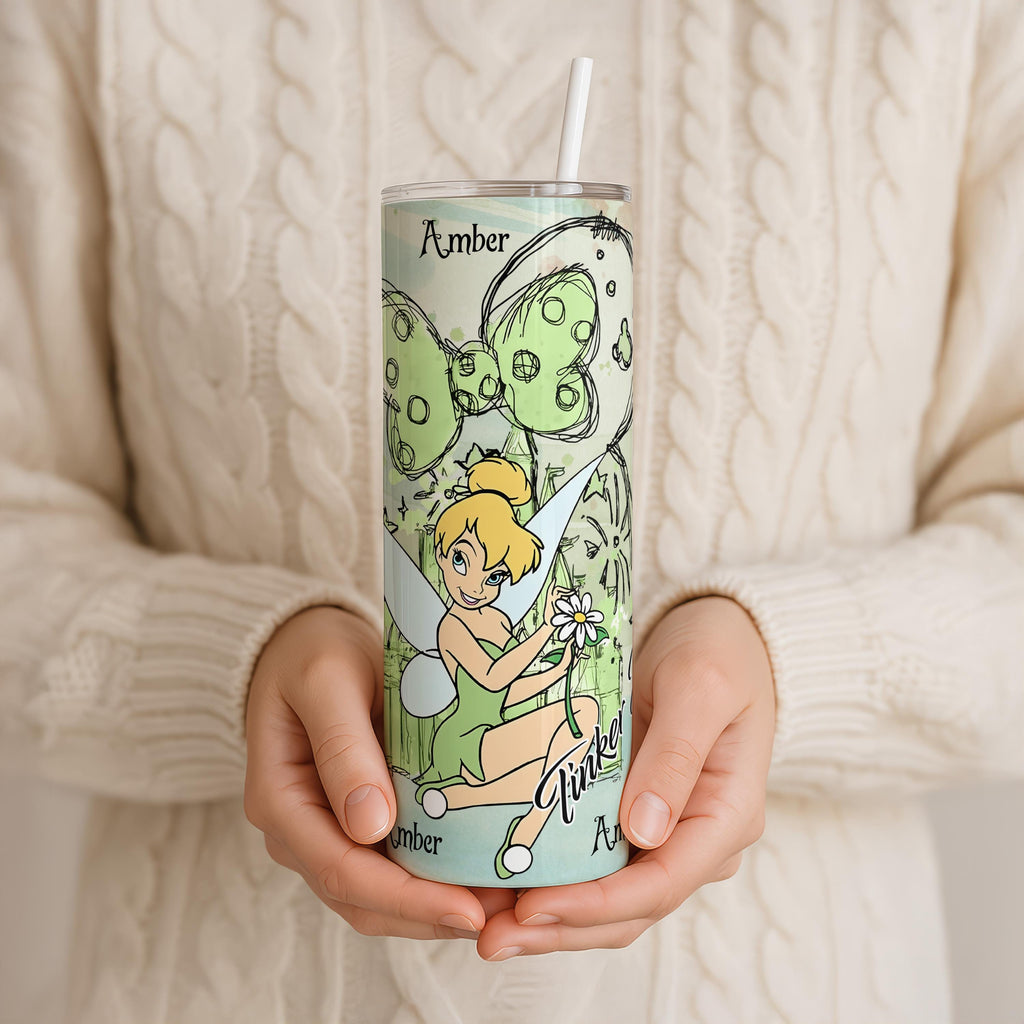 Custom Tinkerbell Princess Tumbler, Cartoon Characters 20oz Skiny Tumbler, Princess Coffee Cup, Magic Kingdom Stainless Steel Tumbler Gift