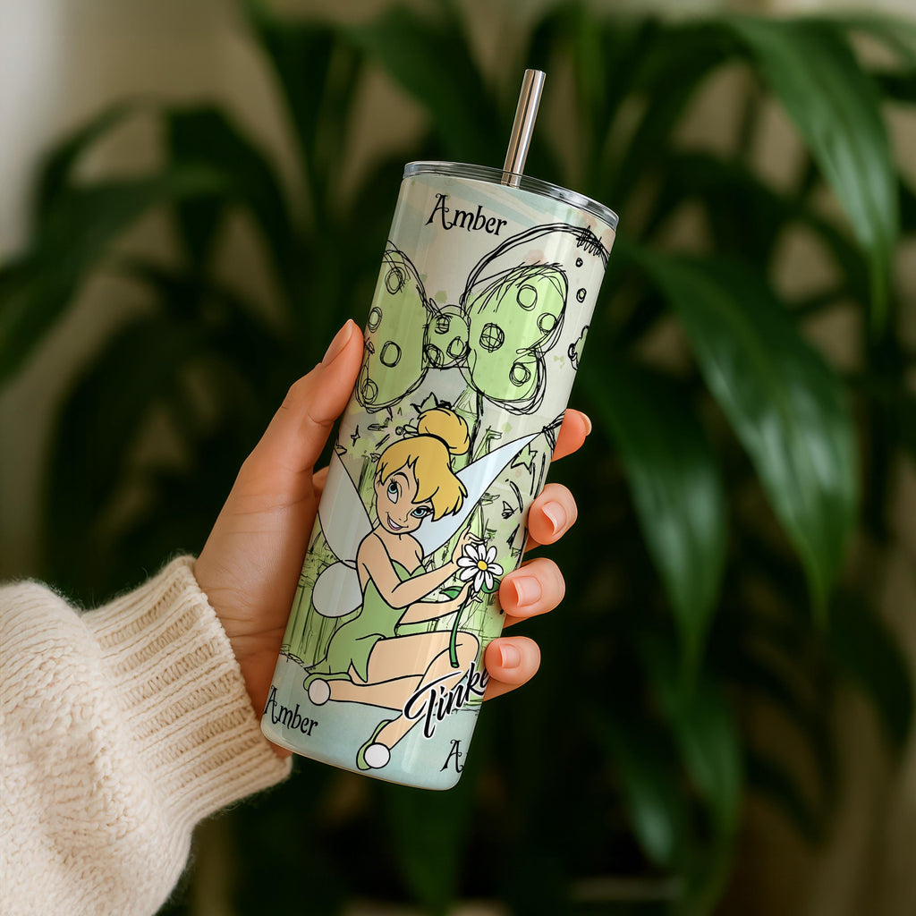 Custom Tinkerbell Princess Tumbler, Cartoon Characters 20oz Skiny Tumbler, Princess Coffee Cup, Magic Kingdom Stainless Steel Tumbler Gift