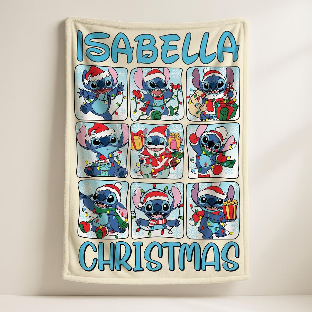 Christmas Stitch Velveteen Plush Blanket, Personalized Stitch Woven Fleece Sherpa Minky Blanket, Disney Christmas Party Gift, Christmas Gift