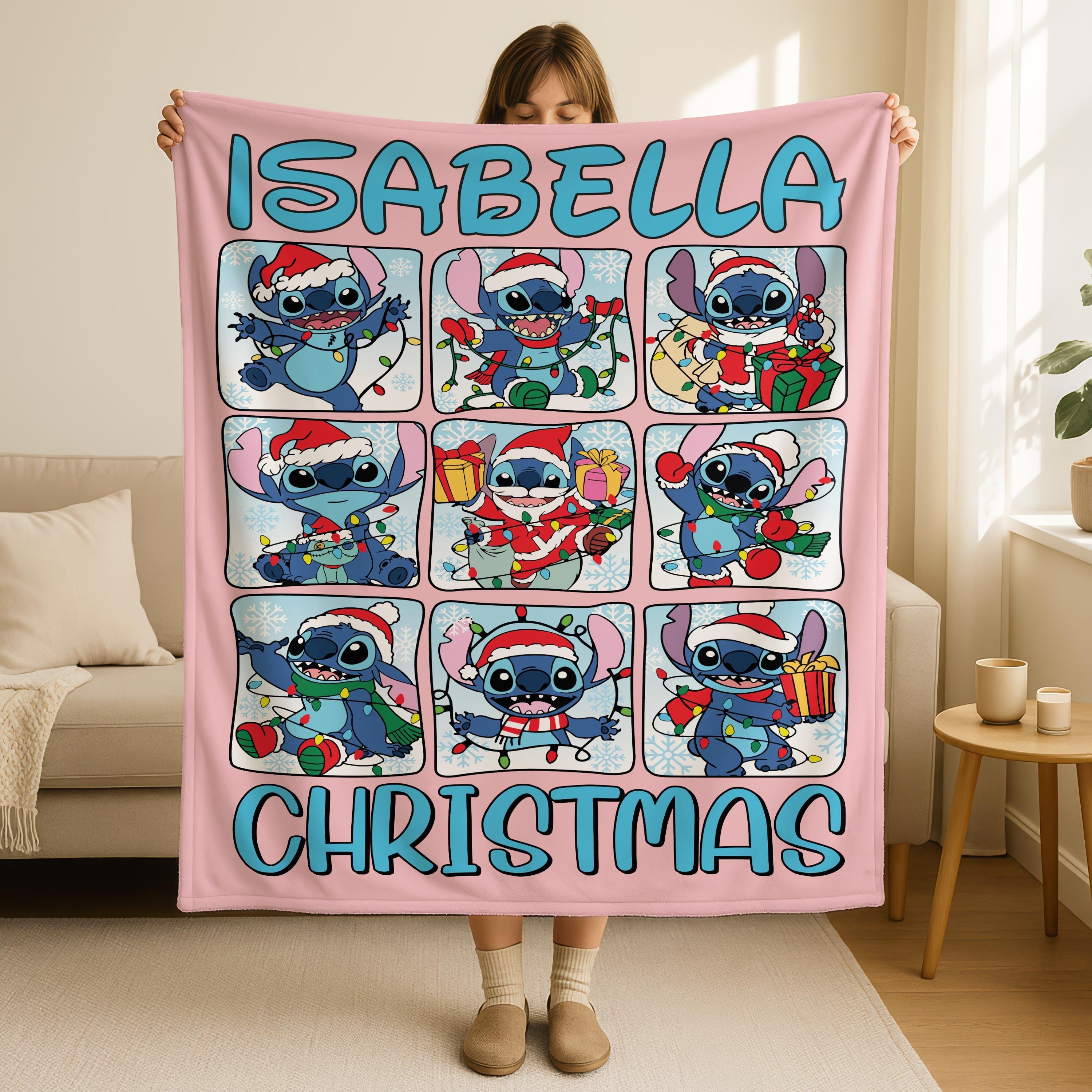 Christmas Stitch Velveteen Plush Blanket, Personalized Stitch Woven Fleece Sherpa Minky Blanket, Disney Christmas Party Gift, Christmas Gift