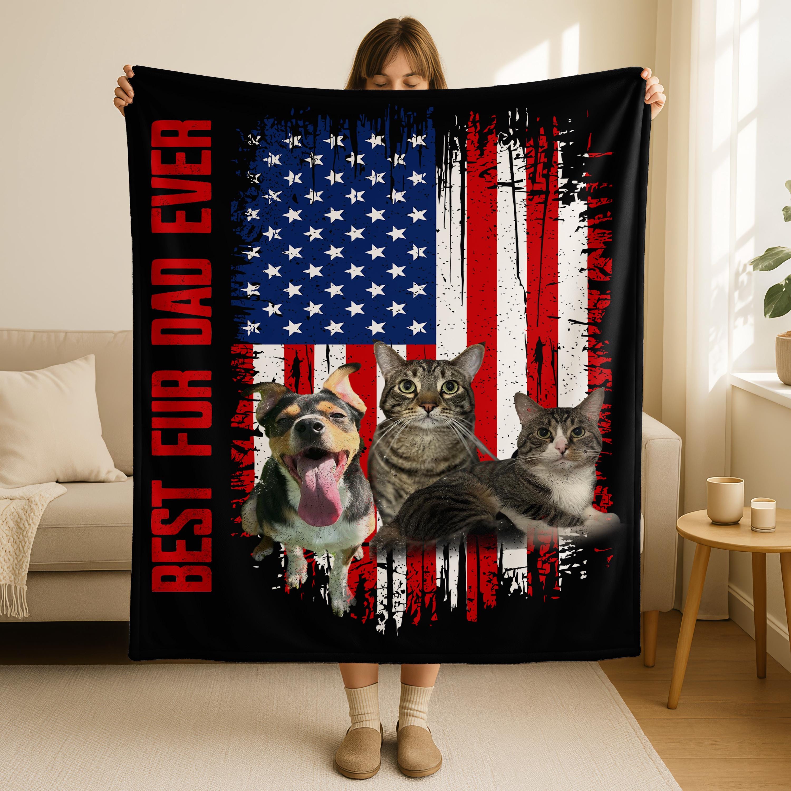 Personalized Best Fur Dad Ever Blanket, Pet Lover Name Blanket, Dog Loss Pet Memory Gifts, Personalized Dog Blankets Cat Picture Blanket