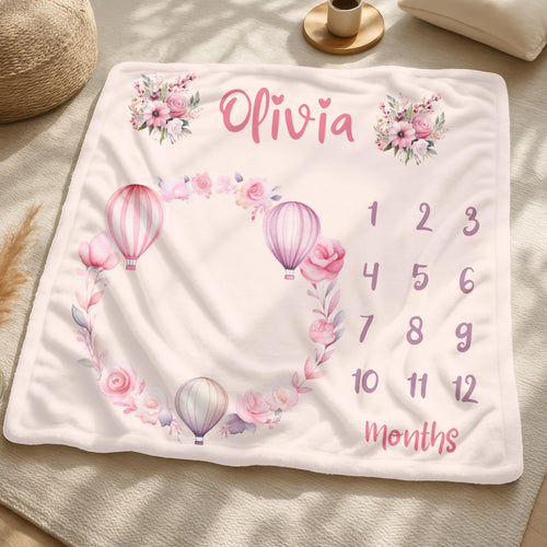 Custom Boho Girl Baby Milestone Blanket, Personalized Velveteen Plush Keepsake, Neutral Boho Nursery Newborn Gift, Boho Baby Shower Gift