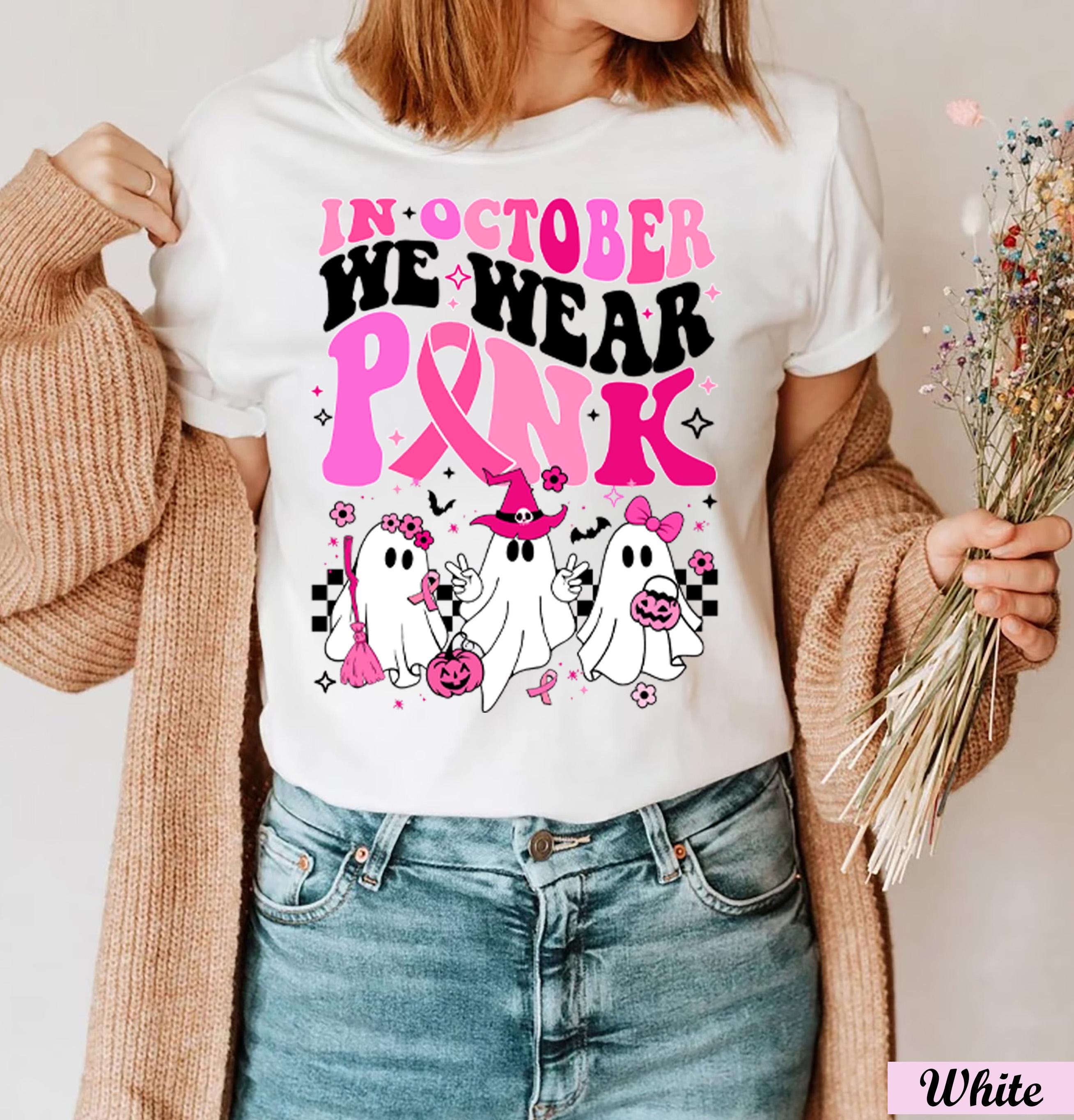 In October We Wear Pink Shirt, Breast Cancer Awareness,Halloween Pink Ghost Tee,Halloween Ghost Shirt,Cancer Pink Ribbon,Breast Cancer Month