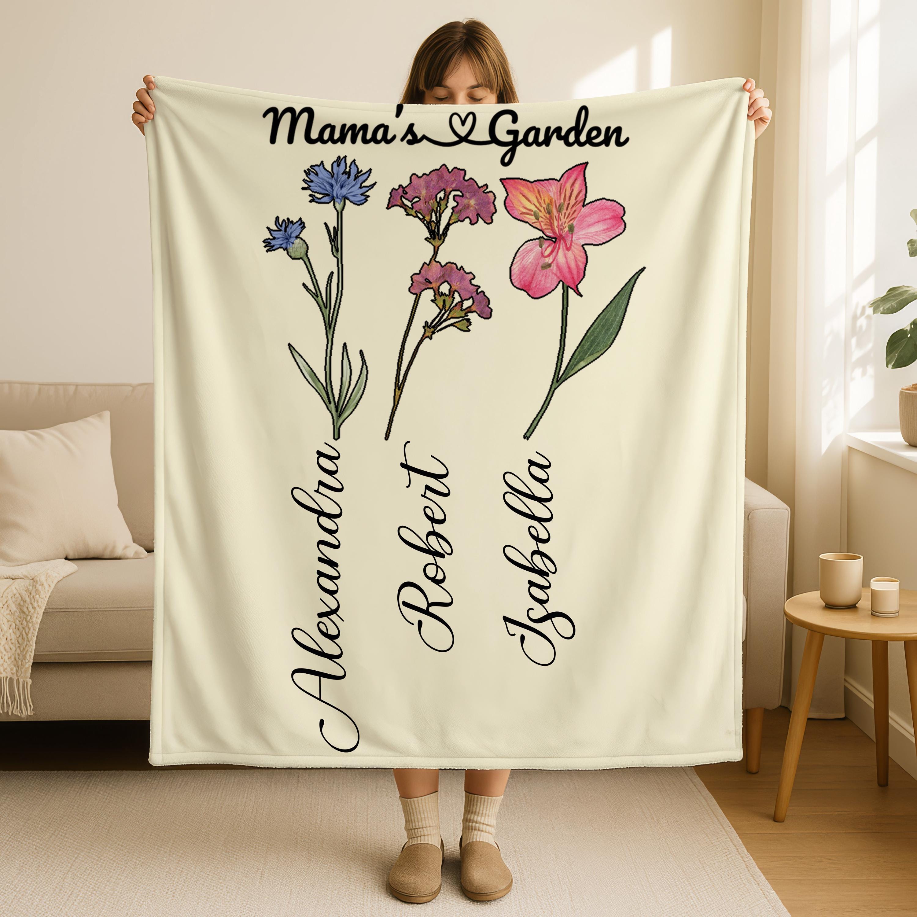 Mama Garden Blanket, Customized Mothers Day Gift, Personalized Flowers Name Blanket, Grandmother Gift,Birth Month Gift for Mom And Grandma