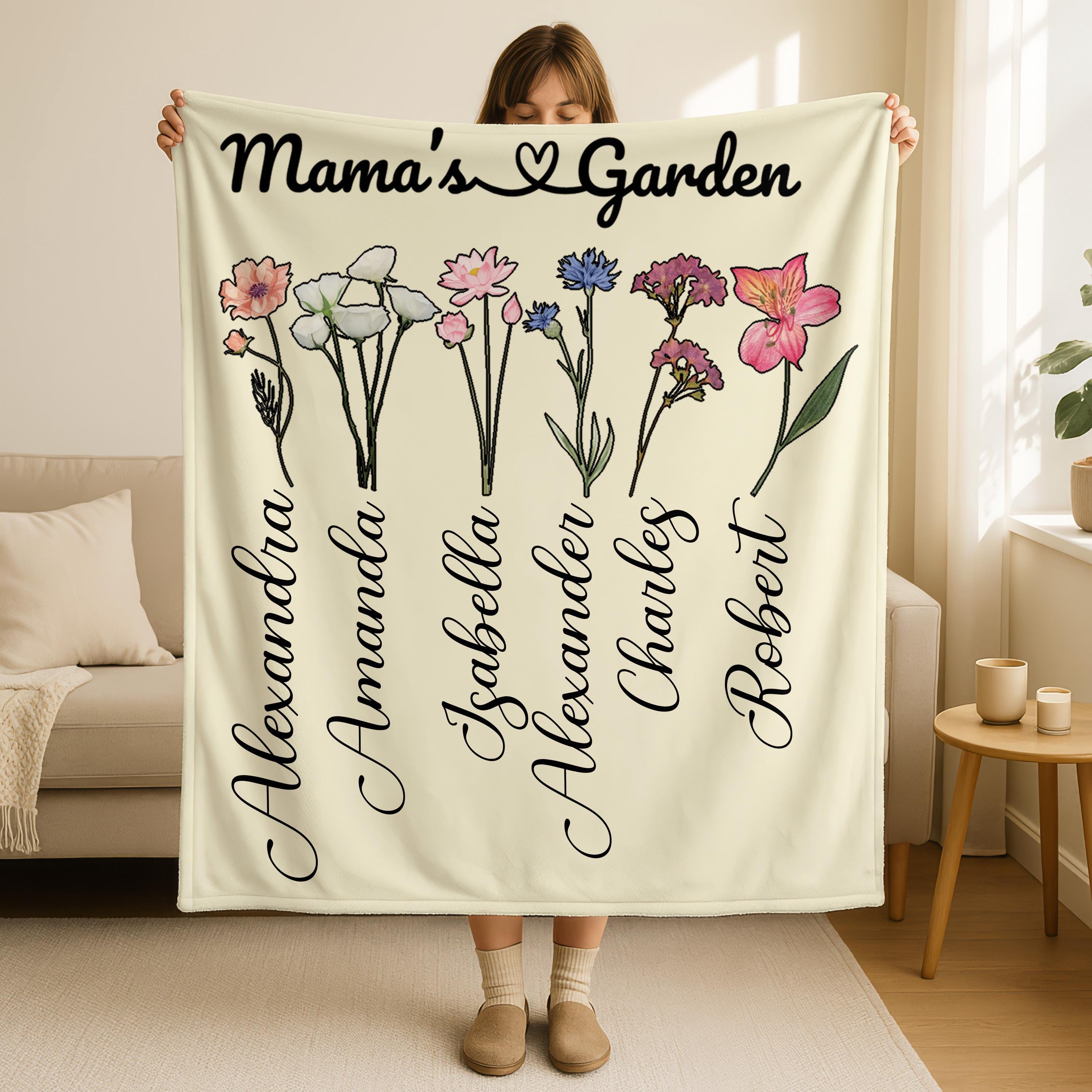 Mama Garden Blanket, Customized Mothers Day Gift, Personalized Flowers Name Blanket, Grandmother Gift,Birth Month Gift for Mom And Grandma