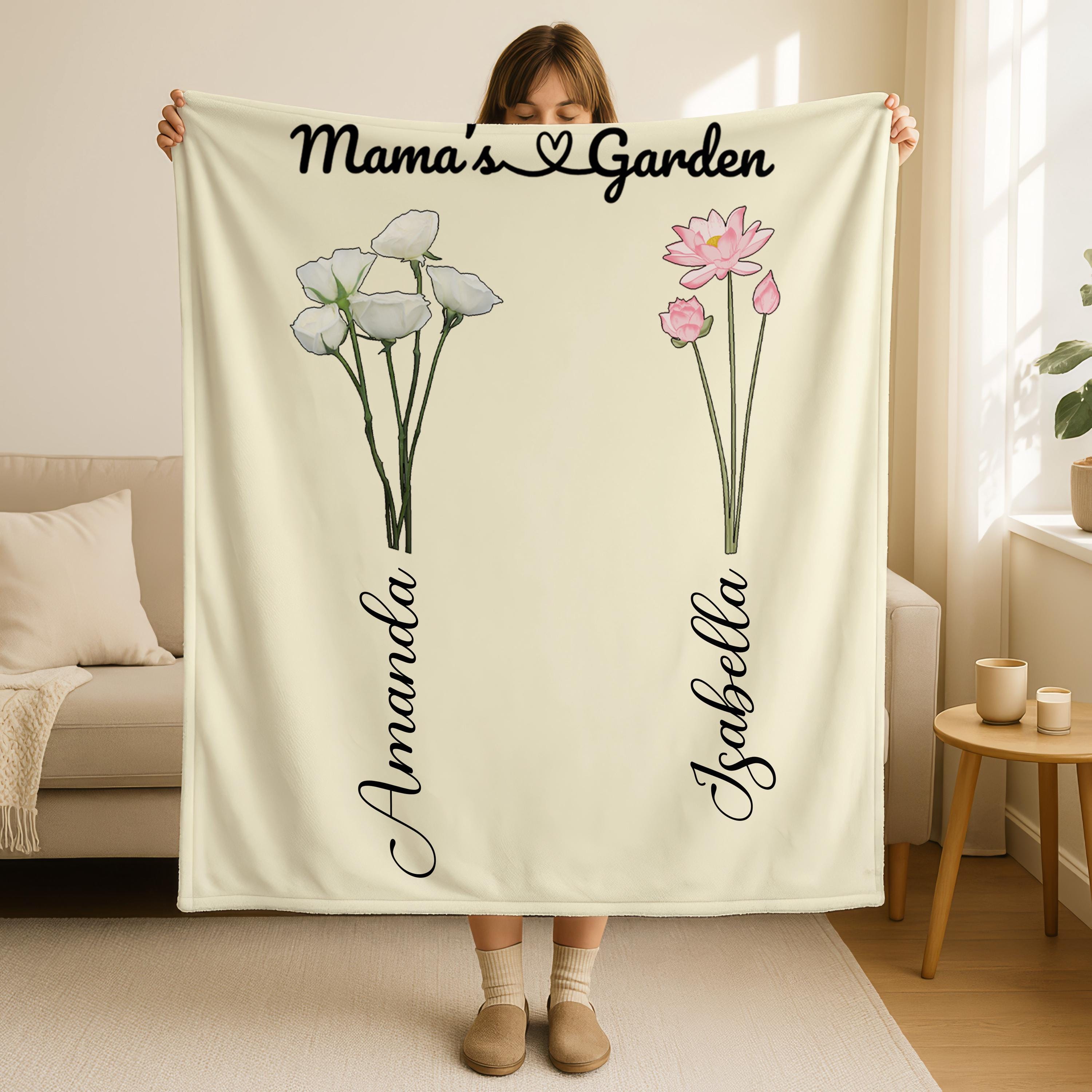 Mama Garden Blanket, Customized Mothers Day Gift, Personalized Flowers Name Blanket, Grandmother Gift,Birth Month Gift for Mom And Grandma