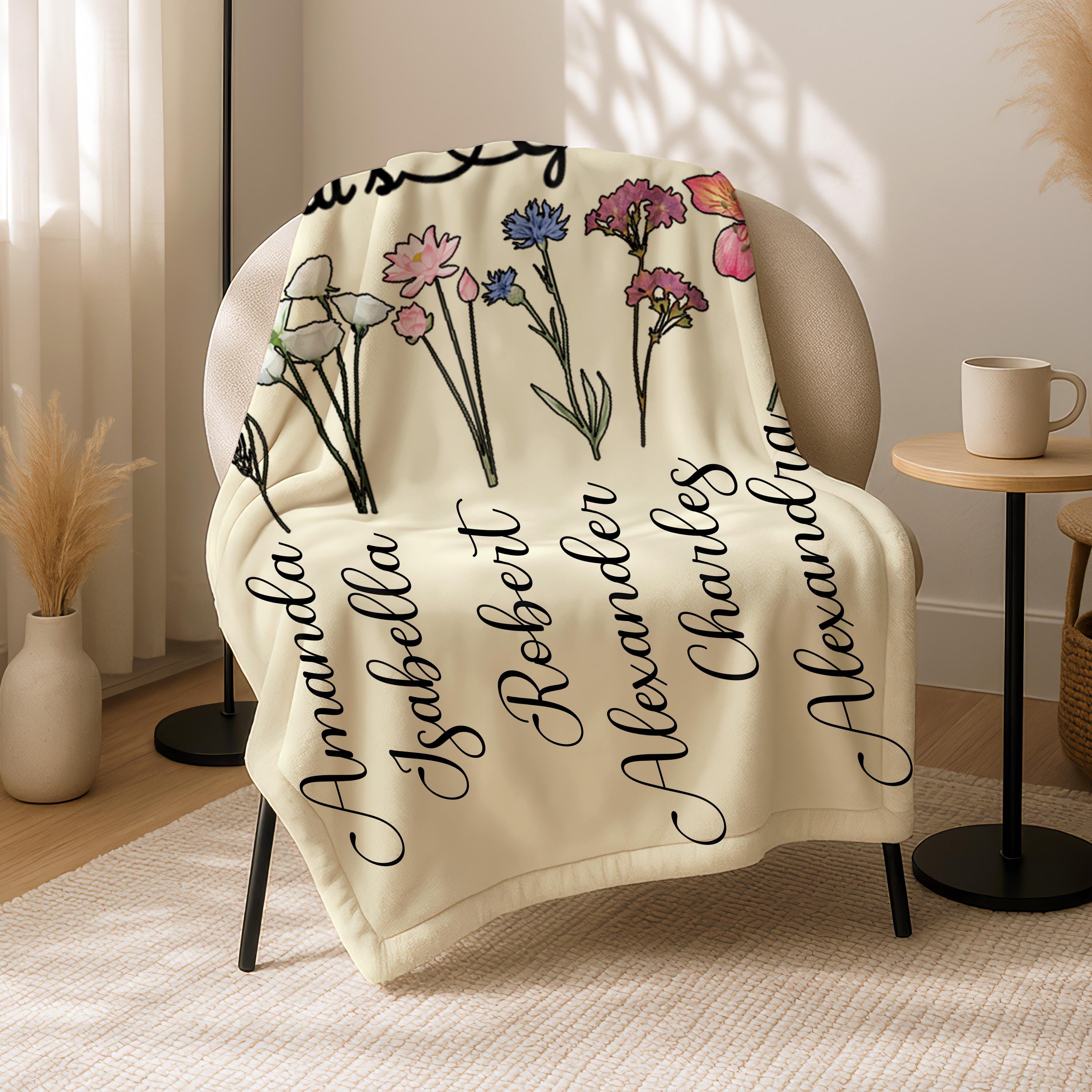 Mama Garden Blanket, Customized Mothers Day Gift, Personalized Flowers Name Blanket, Grandmother Gift,Birth Month Gift for Mom And Grandma