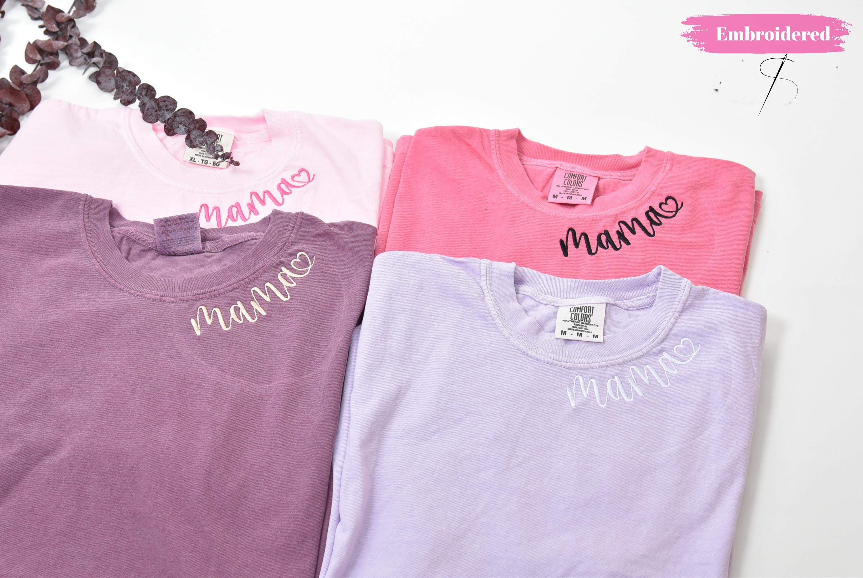 Custom Collar Embroidered T-shirt, Embroidered Mama Tee, Neckline Embroidered Tee, Embroidered Clothes, Custom Comfort Colors  Embroidered
