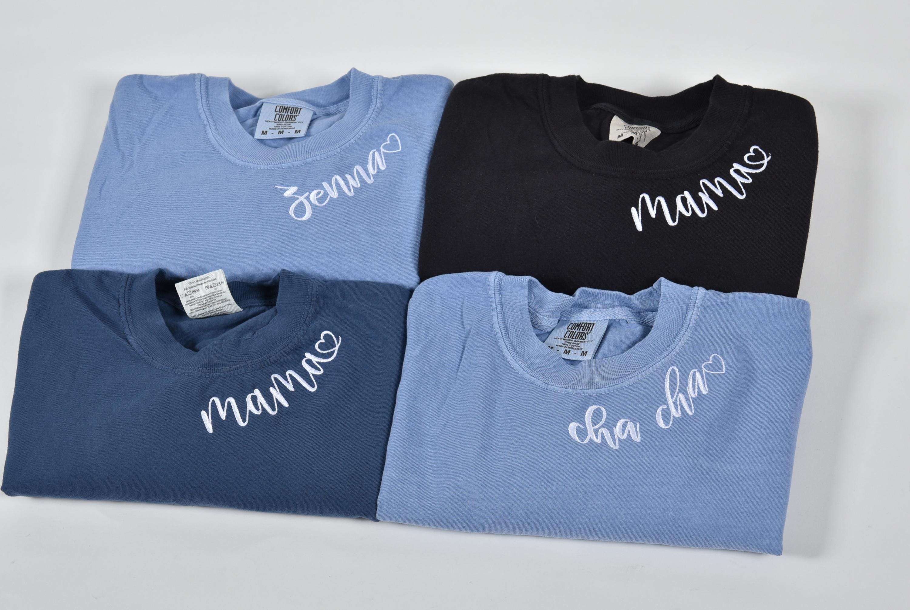 Custom Collar Embroidered T-shirt, Embroidered Mama Tee, Neckline Embroidered Tee, Embroidered Clothes, Custom Comfort Colors  Embroidered