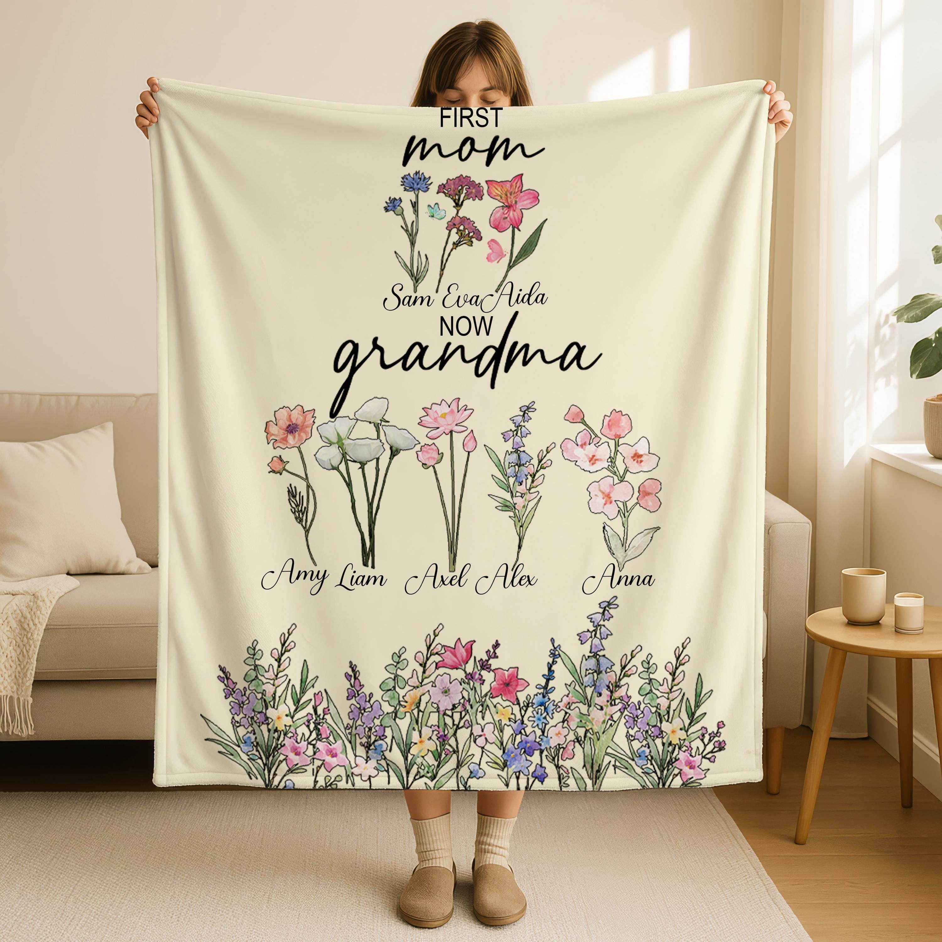 Personalized First Mom Now Grandma Garden Blanket, Birth Flower Blanket, Mom and Grandma Family Blanket, Custom Grandma's Garden Blanket