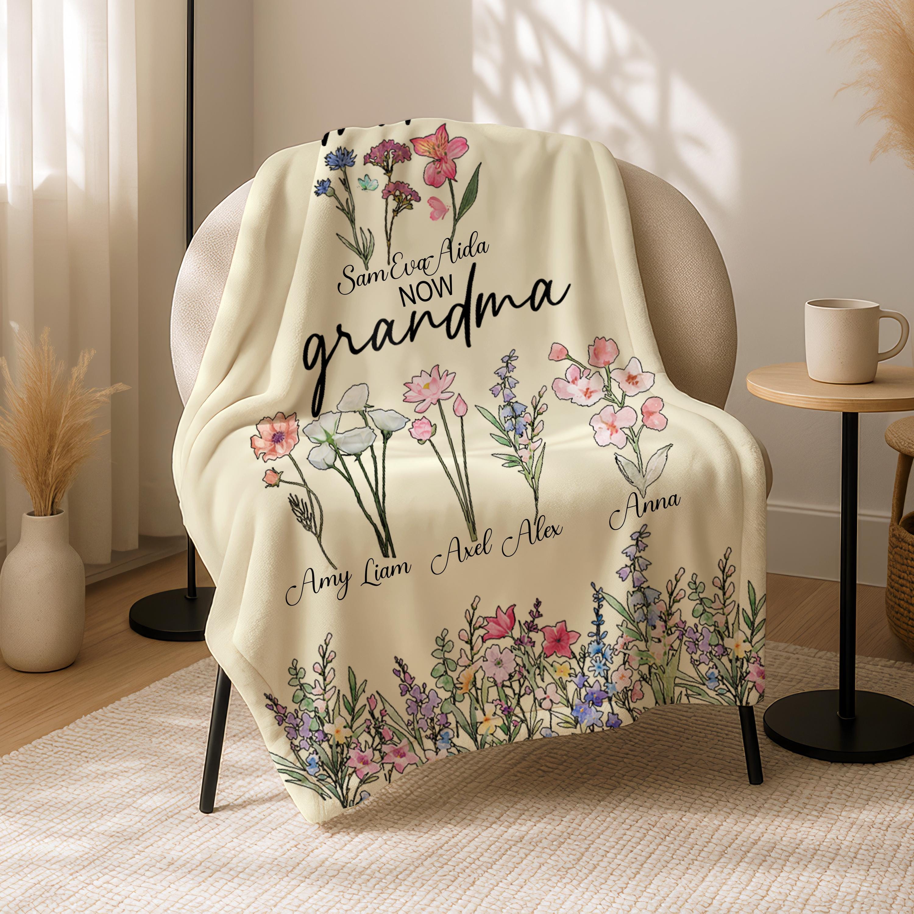 Personalized First Mom Now Grandma Garden Blanket, Birth Flower Blanket, Mom and Grandma Family Blanket, Custom Grandma's Garden Blanket