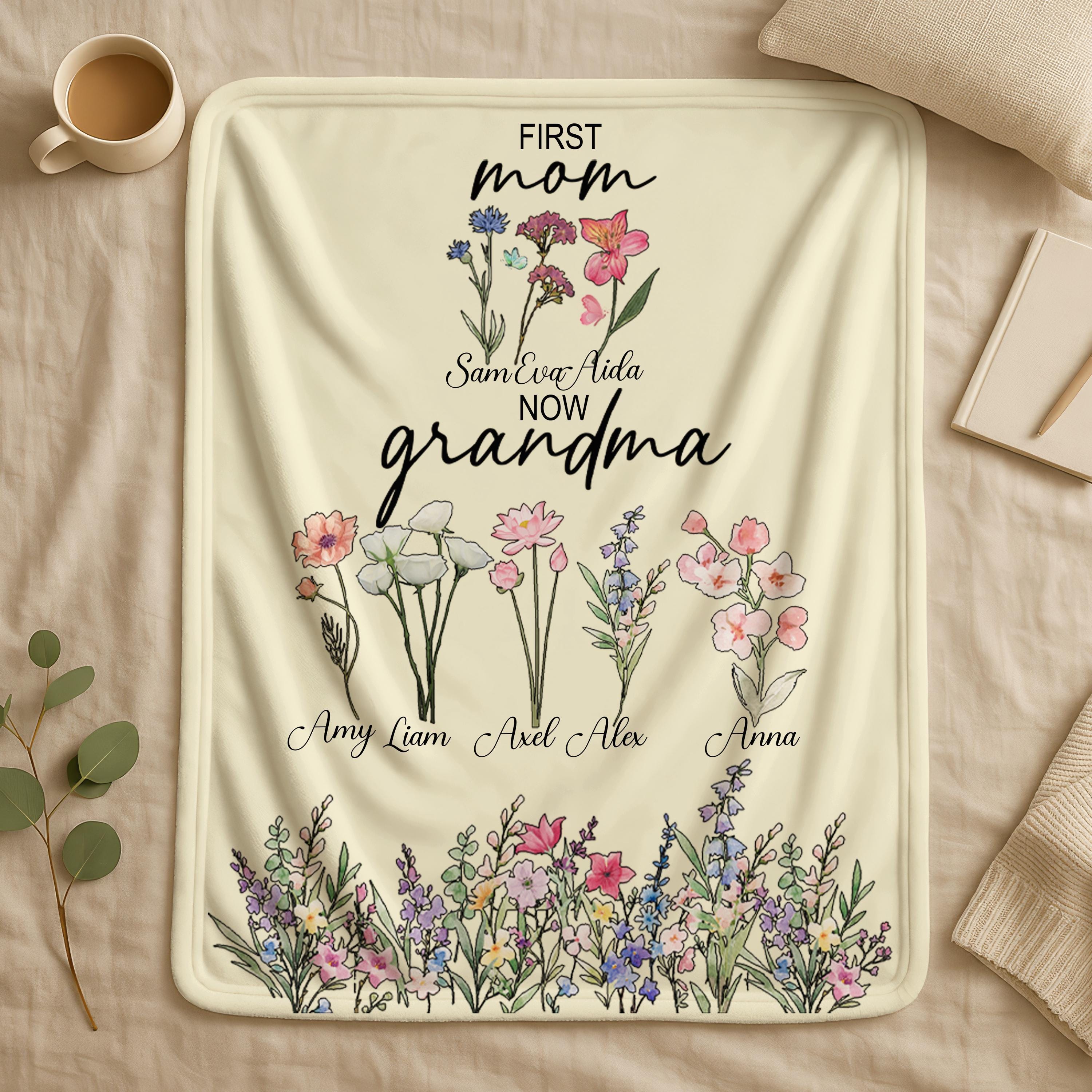 Personalized First Mom Now Grandma Garden Blanket, Birth Flower Blanket, Mom and Grandma Family Blanket, Custom Grandma's Garden Blanket
