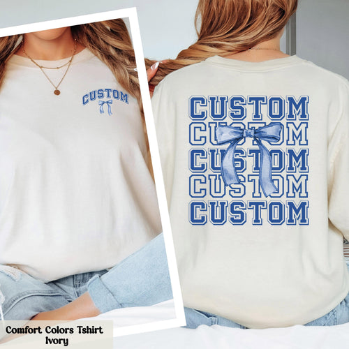 Custom Blue Coquette Bow Shirt, Personalized Team Mascot Bow Shirt,Create Your Own Shirt, Cute Custom Tee, Game Day Shirt, School Spirit Tee