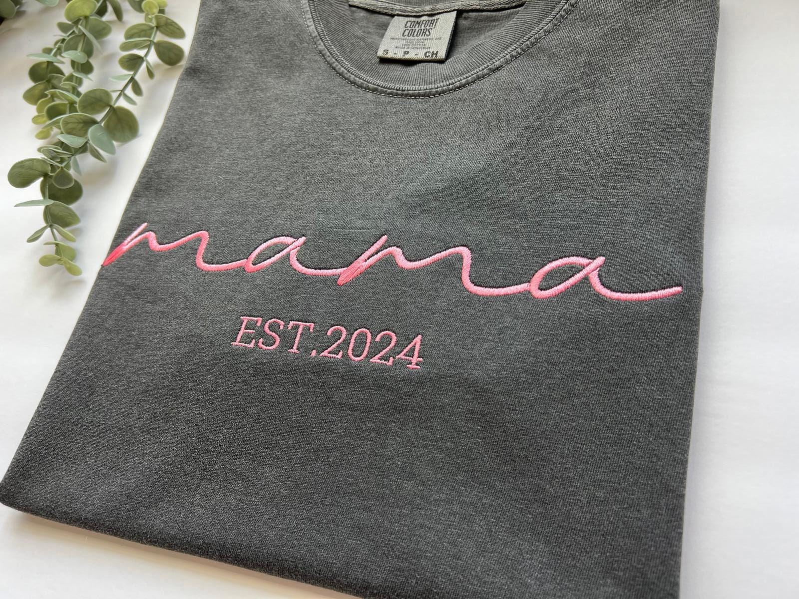 Comfort Colors Custom Embroidered Mama Est Shirt,  Baby Announcement Shirt, Gift for New Mom, Mom to Be Shirt, Custom Mama Embroidery Tee