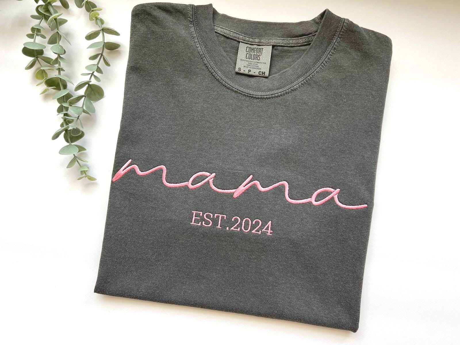 Comfort Colors Custom Embroidered Mama Est Shirt,  Baby Announcement Shirt, Gift for New Mom, Mom to Be Shirt, Custom Mama Embroidery Tee