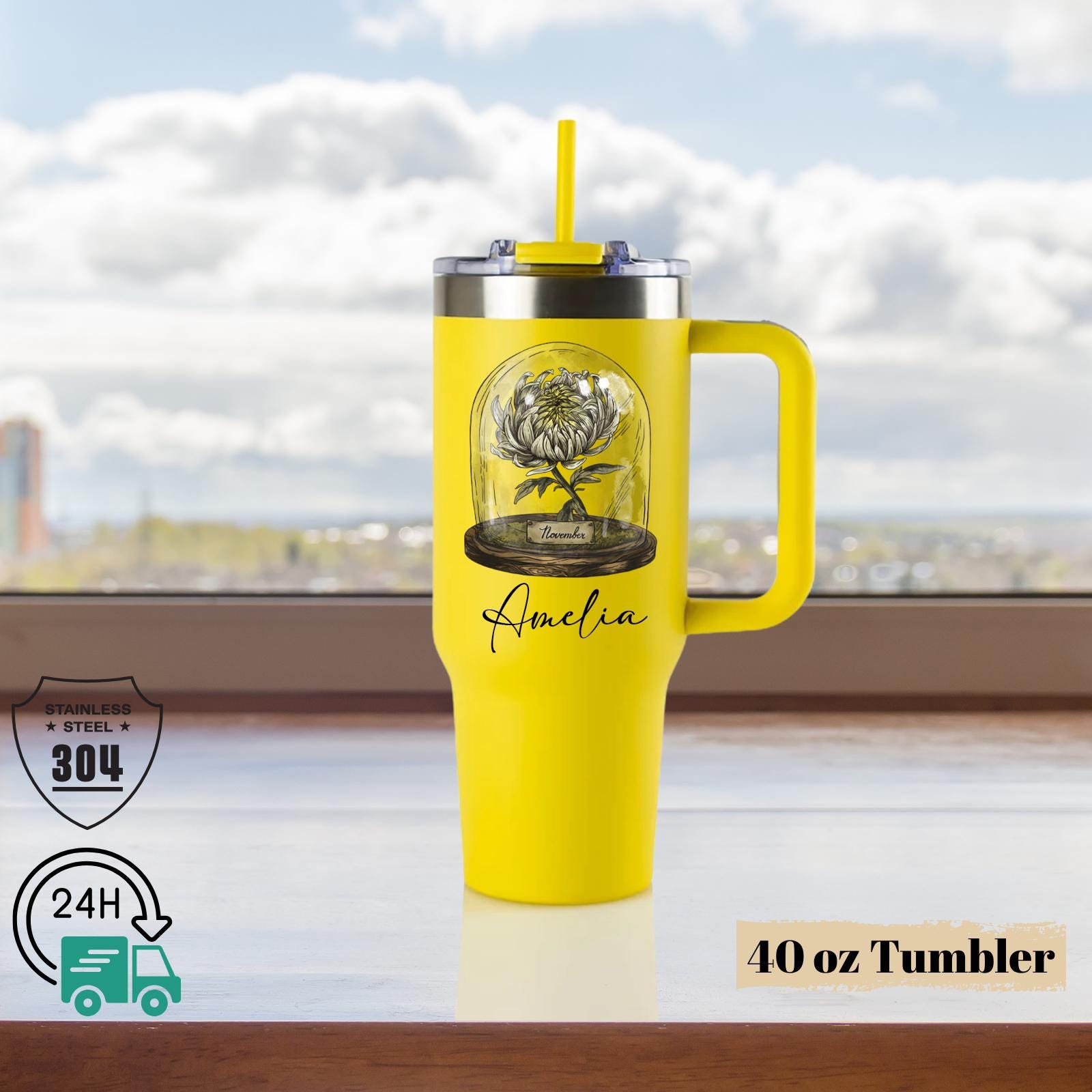 Personalized Birth Flowers Tumbler With Name, Retro Birth Flowers Tumbler, Stainless Steel 40oz Tumblers, Custom Vintage Tumler with Name