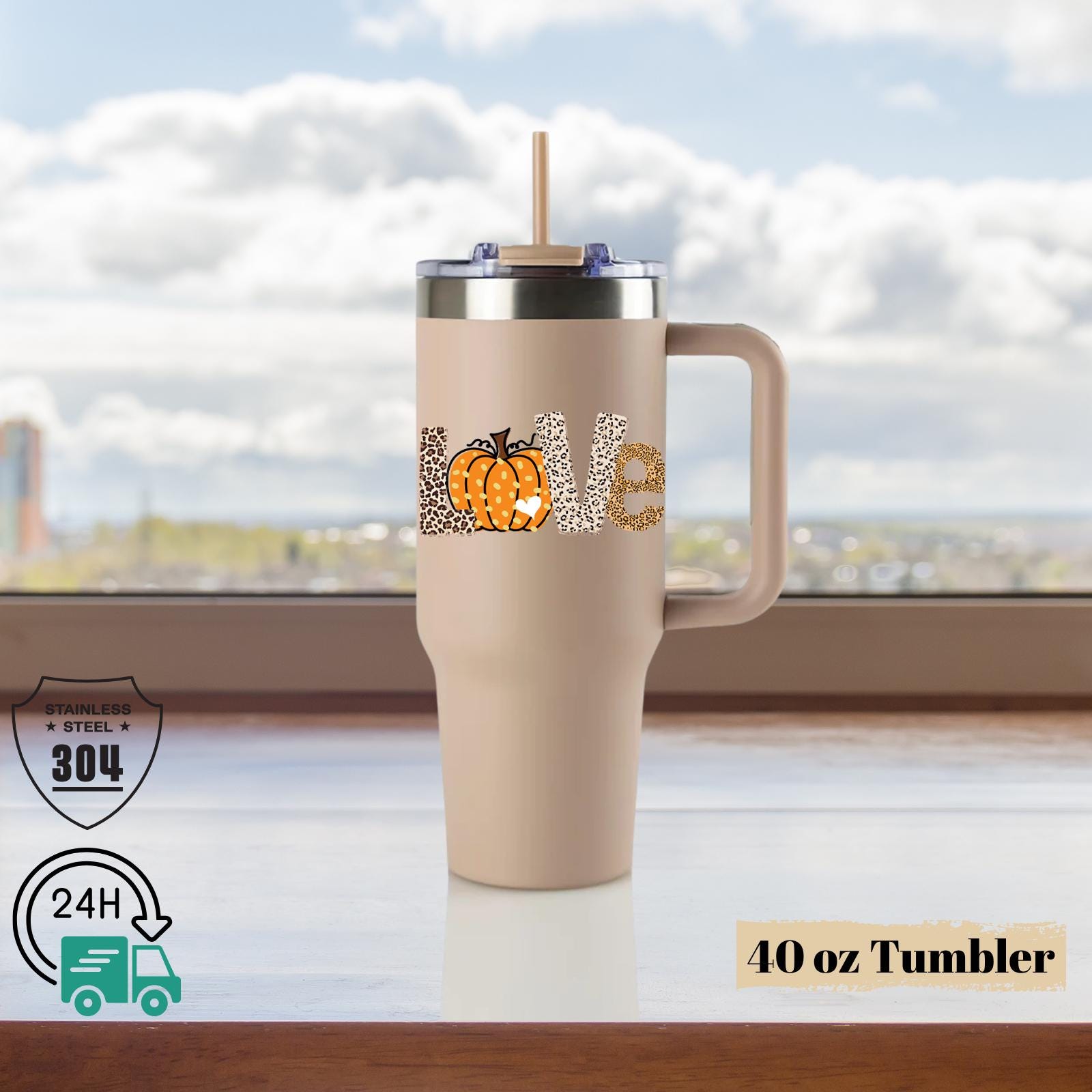 Pumpkin Love Tumbler, Leopard Pumpkin 40oz Tumbler, Fall Theme Tumler, 40oz pumpkin tumbler, Pumpkin Tumbler with Handle, Leopard Tumbler