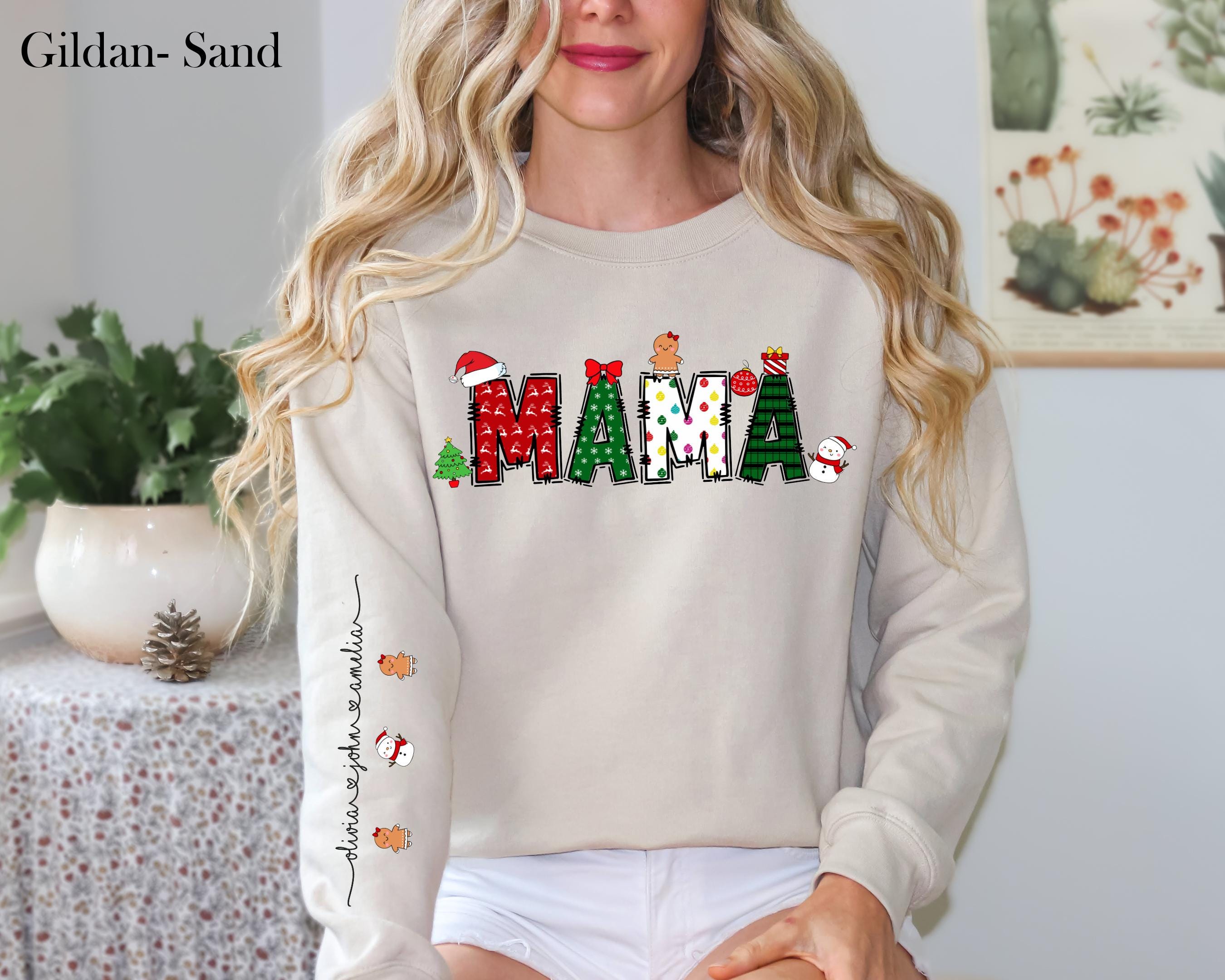 Mama Claus Sweatshirt With Kids On Sleeve Gift For Christmas, Christmas Mom Kids Name Shirt, Custom Christmas Nana Shirt, Grandma Gift